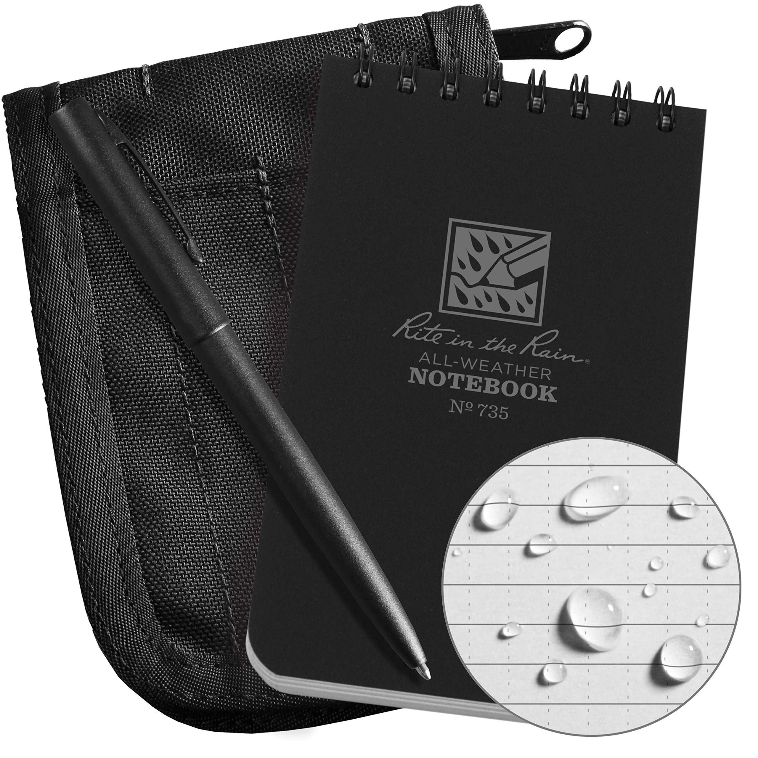 Rite In The Rain Weatherproof 3' X 5' Top-Spiral Notebook Kit: Black Cordura Fabric Cover, 3' X 5' Black Notebook, And Weath