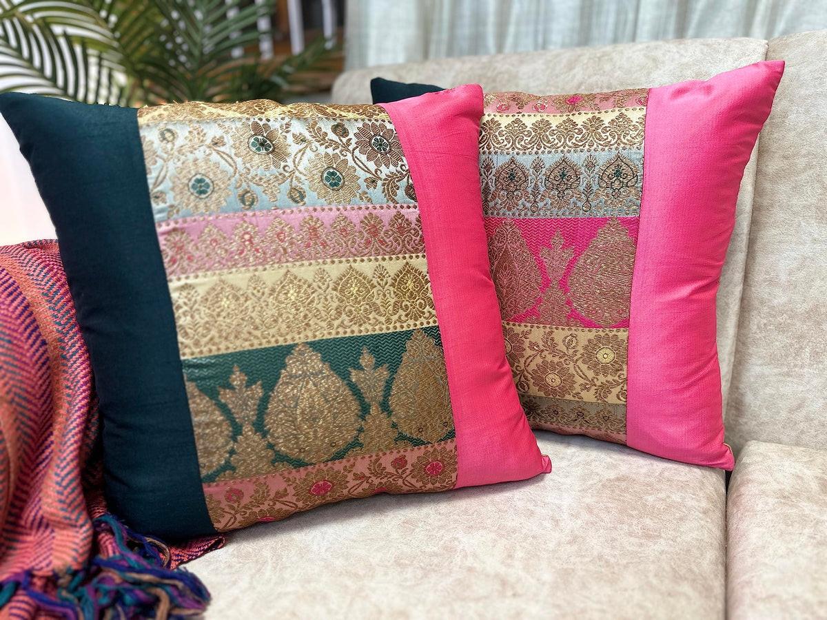 House Of Silko Fancy Banarasi Gold Pink Panelled Decorative Cream Brocade Cushion Cover For Home Decoration (Size16X16) Set O