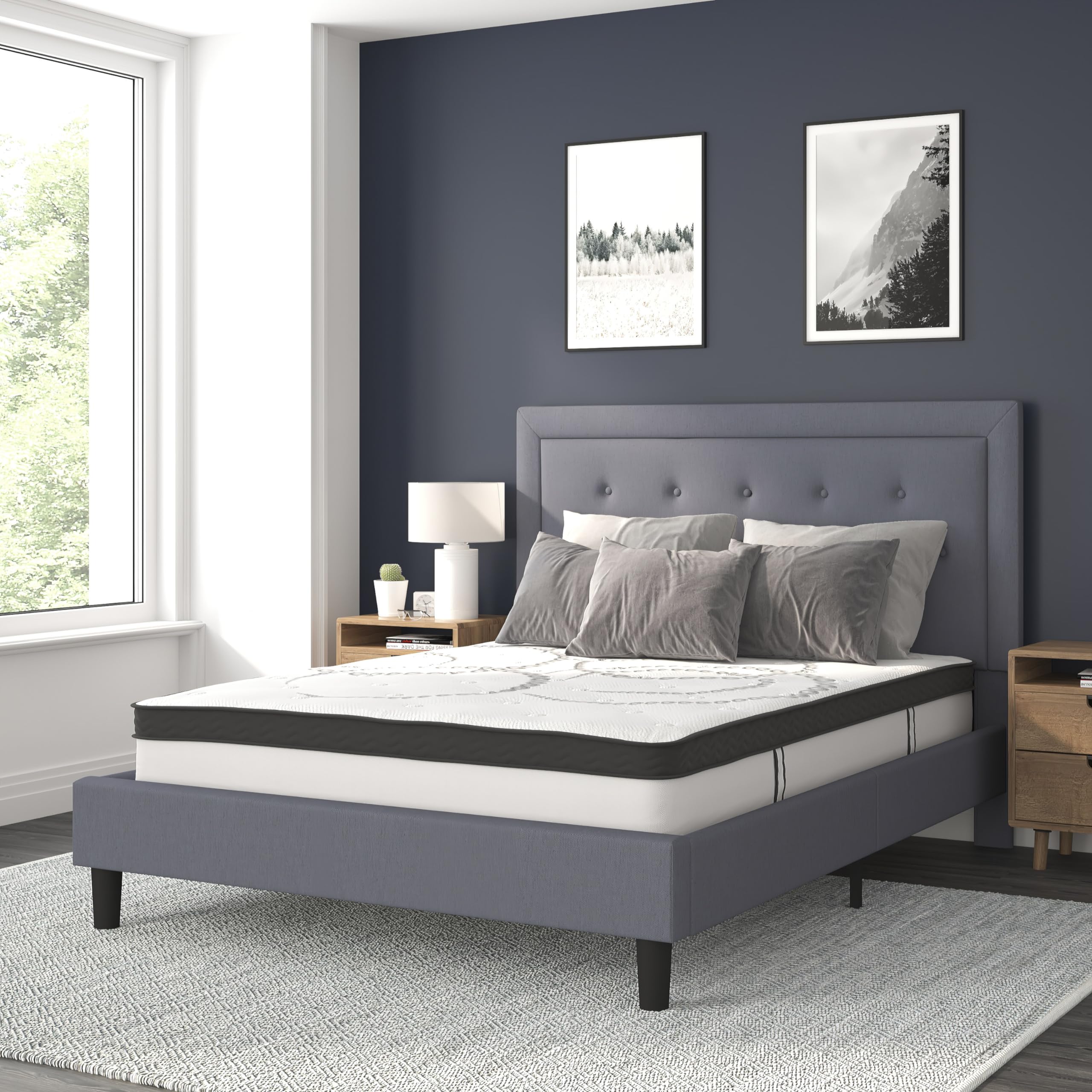 Flash Furniture Roxbury Queen Size Tufted Upholstered Platform Bed In Light Gray Fabric With 10 Inch Certipur-Us Certified Pocket Spring Mattress
