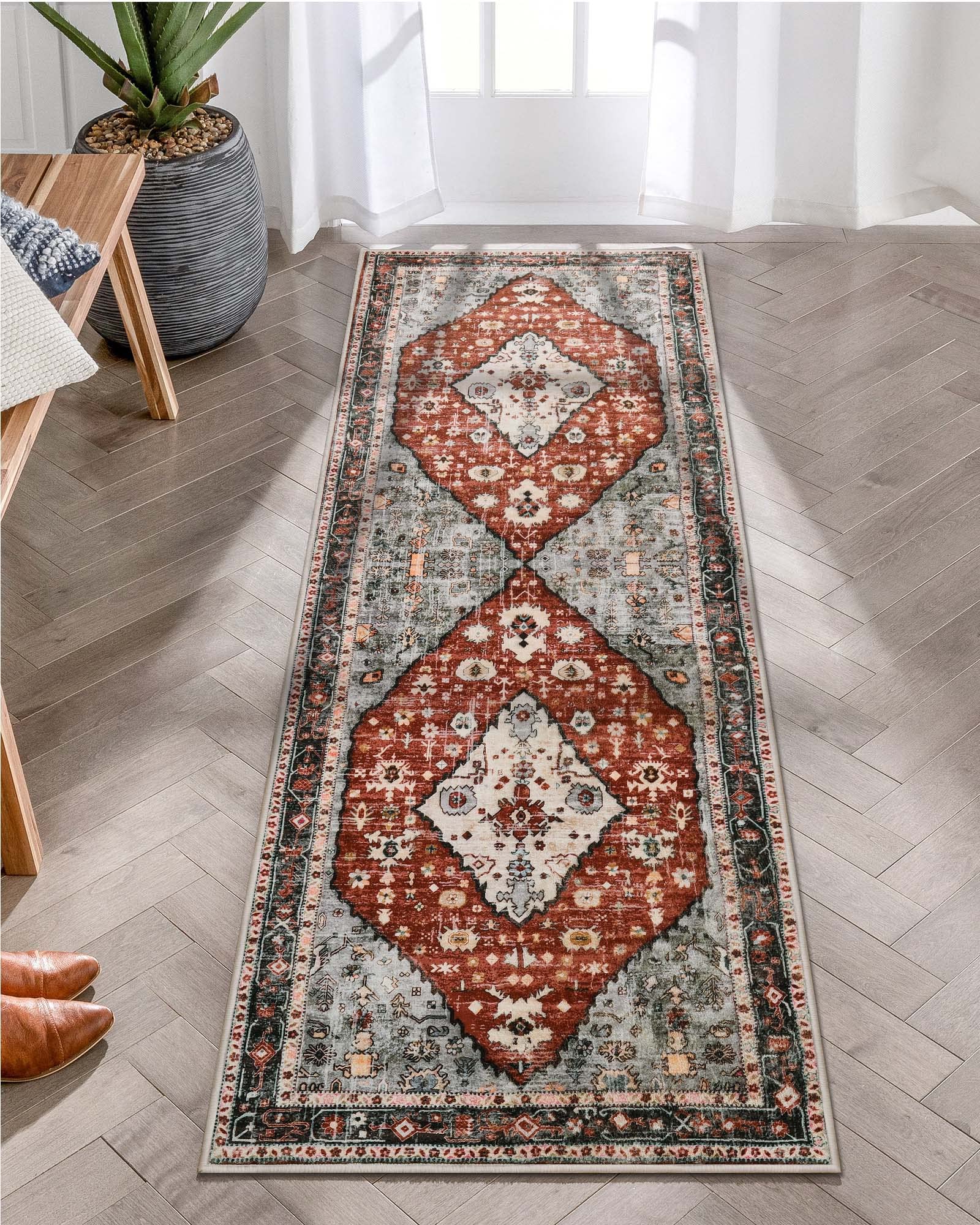 Lahome Boho Tribal Runner Rug - 2x6 Red Rug Runners for Hallways 6 feet Non Slip Kitchen Sink Mat, Soft Non Skid Washable Bathro