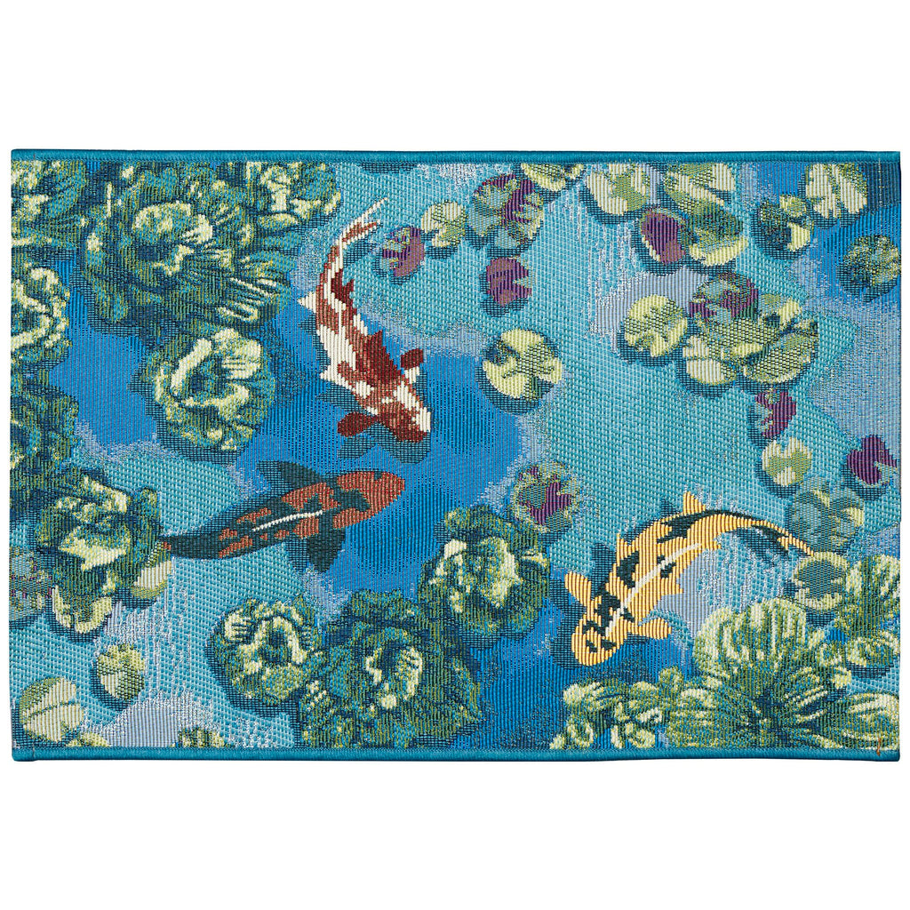 Liora Manne Esencia Machine Washable Non-Slip Low Profile Indoor/Outdoor Mat-Transitional, Whimsical, Fish, Nature, Koi Pond Aqua 2' X 2'10'