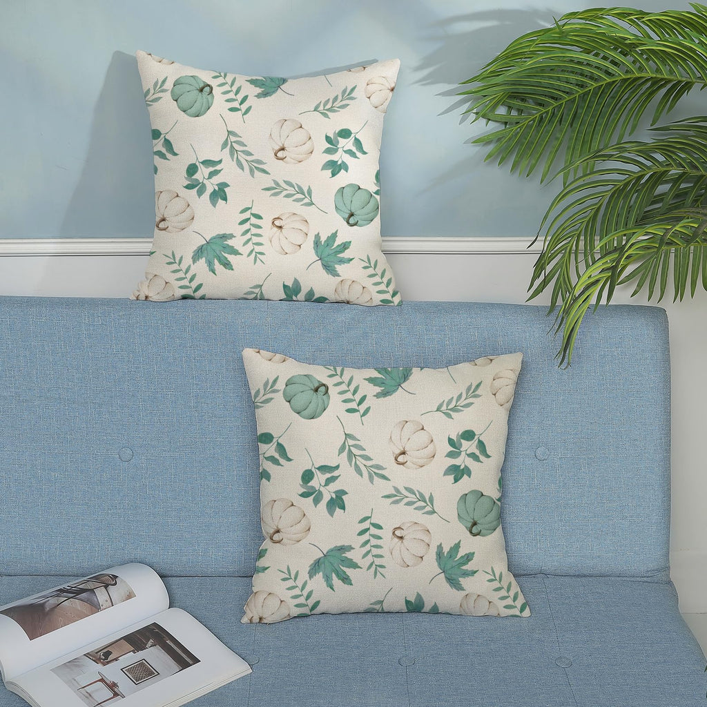 Gohdiwh Fall Pillow Covers 18X18 Set Of 2 Aqua Green White Pumpkin Maple Leaves Pillowcase For Home Fall Decor Throw Pillow Cove