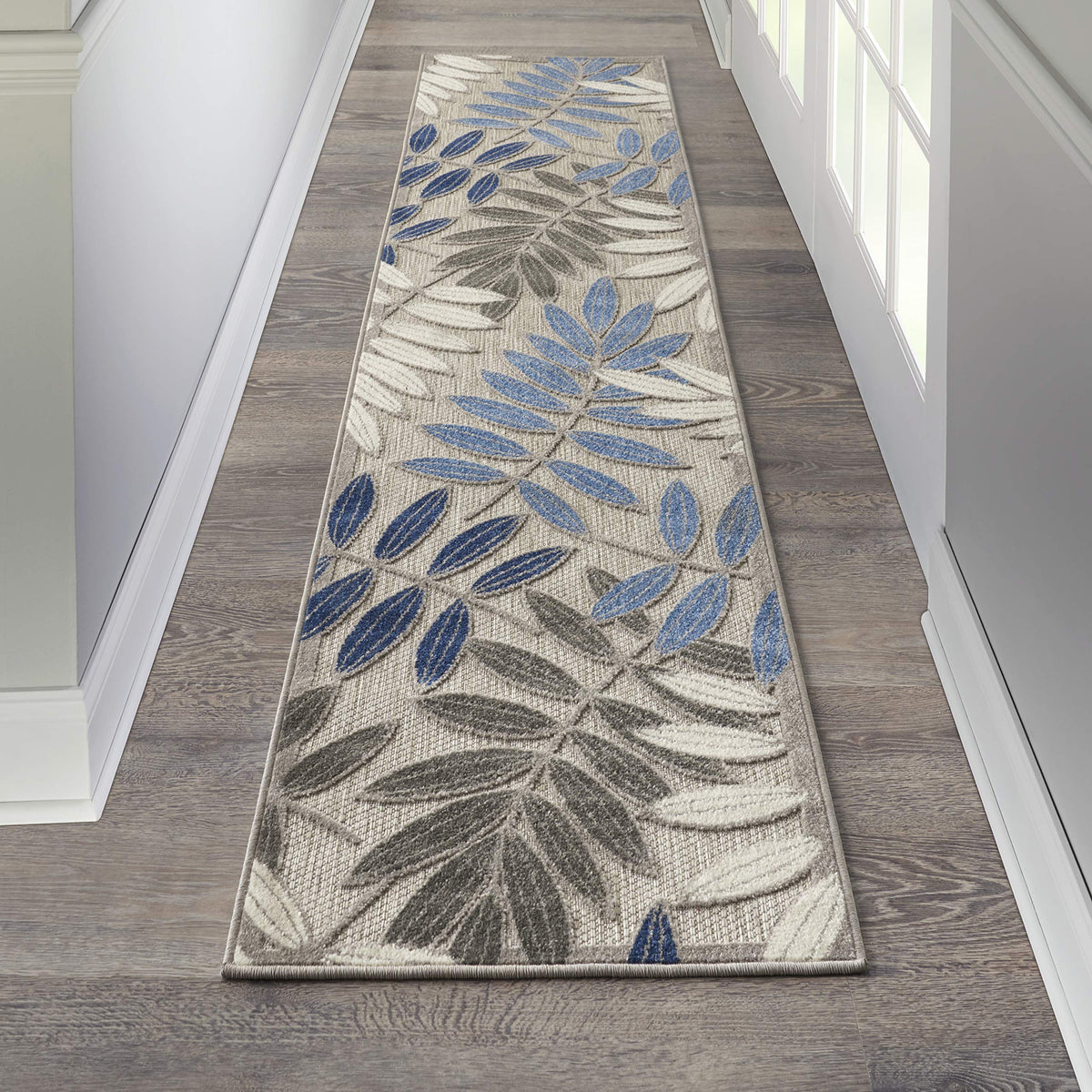 Nourison Aloha Indoor/Outdoor Grey/Blue 2'3' X 8' Area Rug, Easy Cleaning, Non Shedding, Bed Room, Living Room, Dining Room, Ba