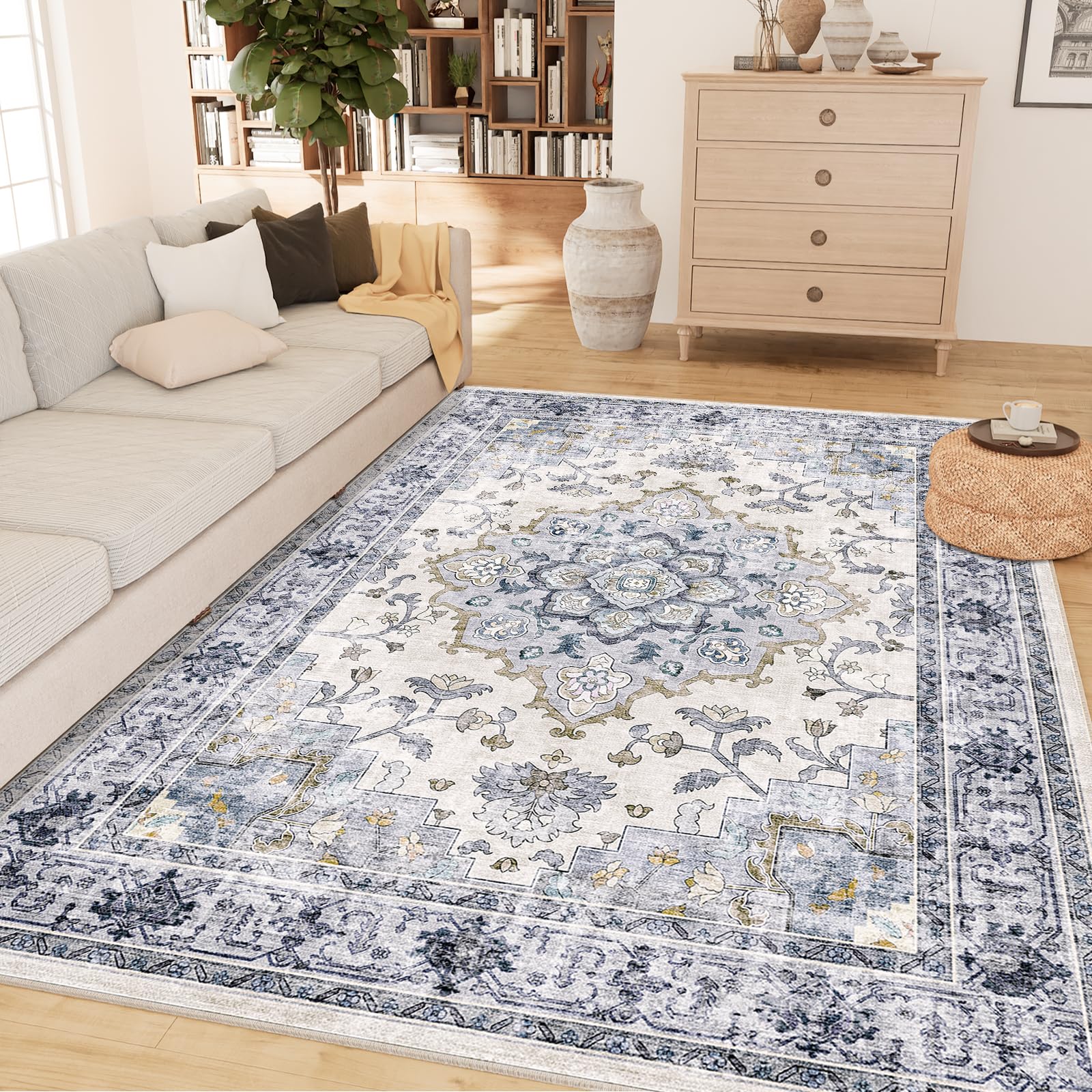 CAPALOCA Machine Washable 5x7 Area Rugs for Living Room Vintage Rugs Carpet Rugs Non Slip Low Pile Water Repellent Soft Distress