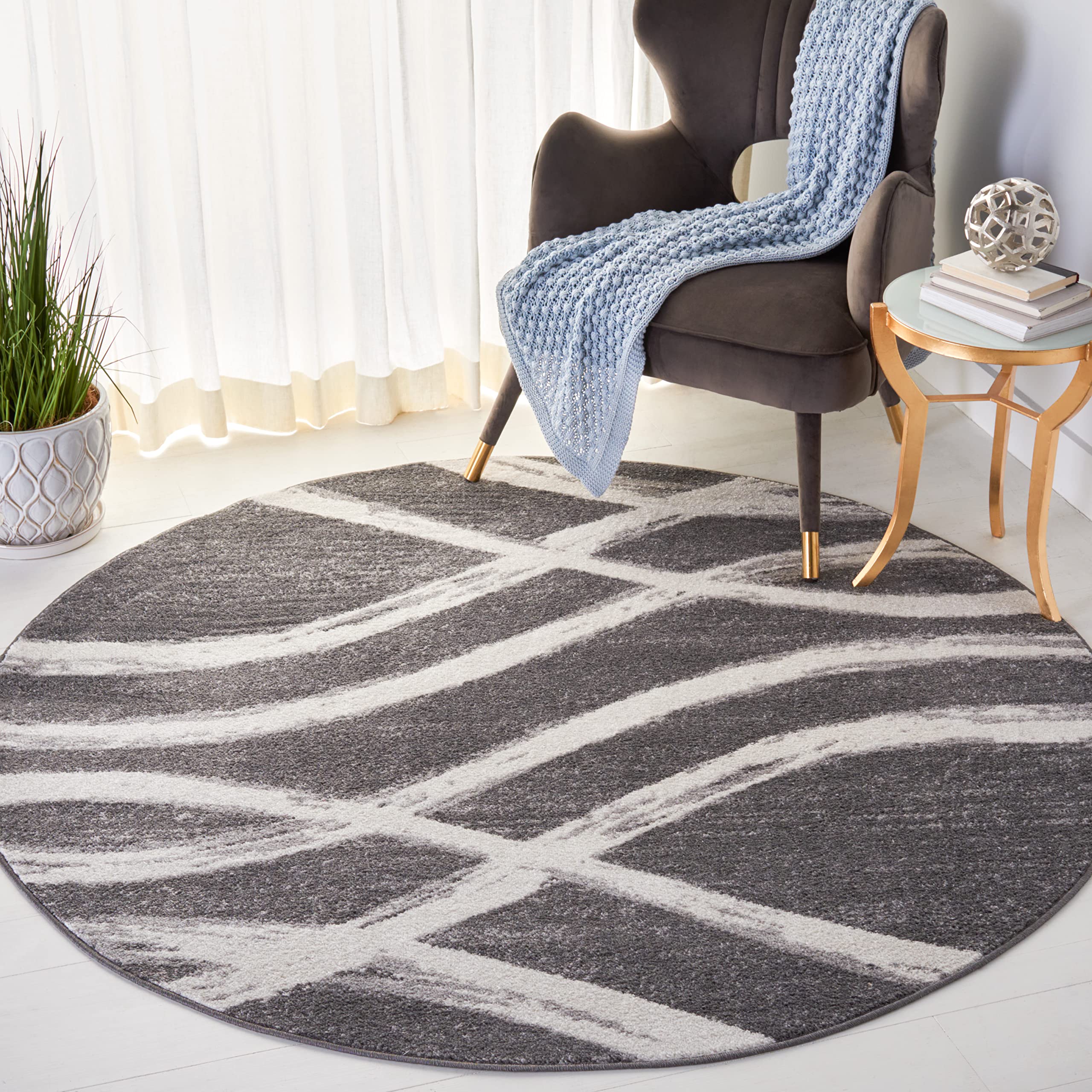 SAFAVIEH Adirondack Collection Area Rug - 6 Round, Charcoal & Ivory, Modern Wave Distressed Design, Non-Shedding & Easy Care, I