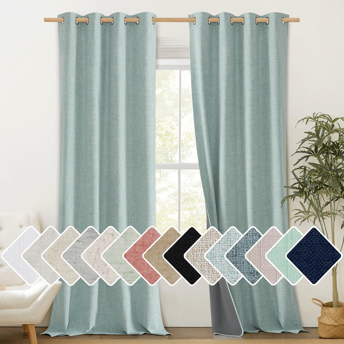 Nicetown 100% Absolutely Blackout Linen Curtains With Thermal Insulated White Liner, Seafoam Green, 52' Wide, 90' Length Energ