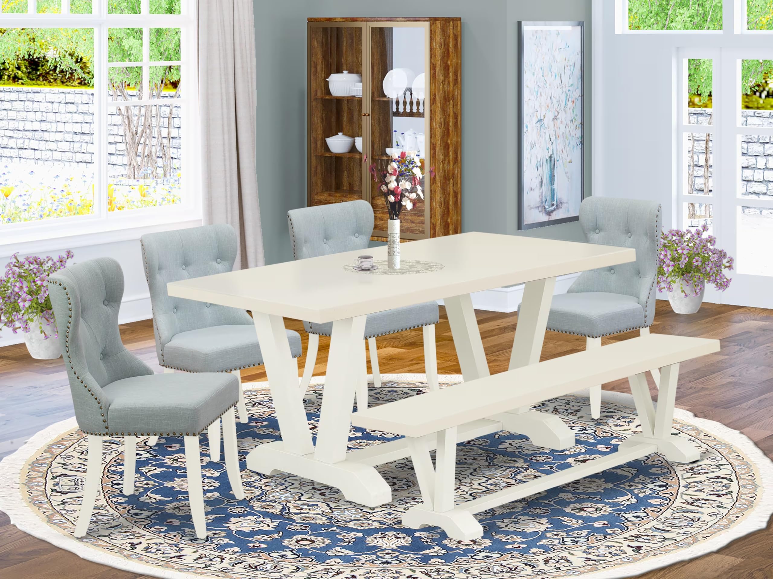 East West Furniture V026Si215-6 6 Piece Kitchen Table Set Contains A Rectangle Dining Table With V-Legs And 4 Baby Blue Linen Fabric Parson Chairs With A Bench, 36X60 Inch, Multi-Color