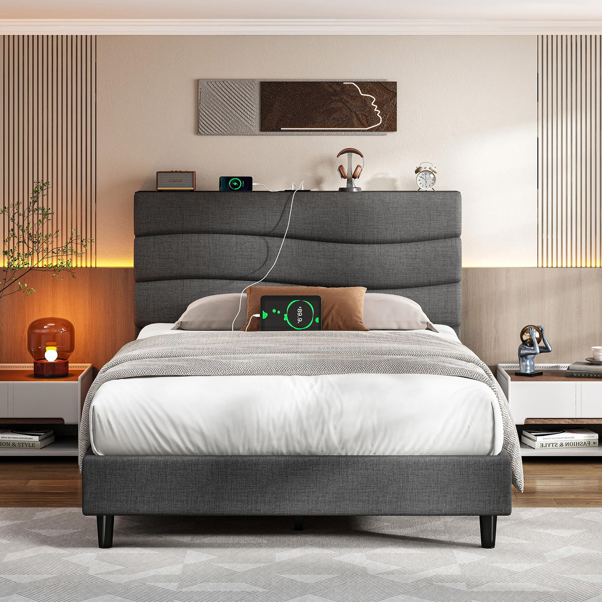 Enhomee Twin Bed Frame With Fabric Headboard, Upholstered Twin Platform Bed Frame With Storage Headboard And Charging Station, W