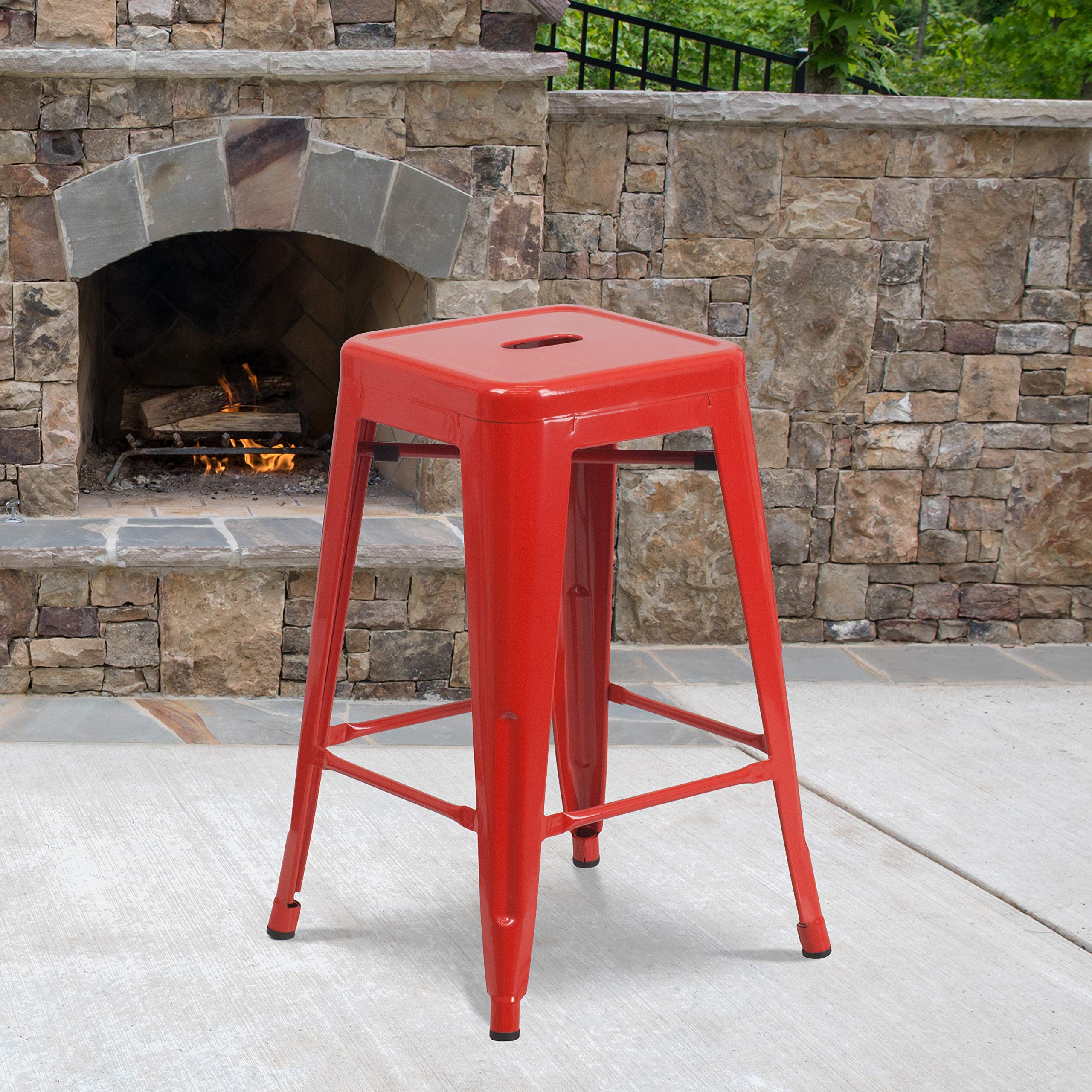 Flash Furniture Kai Commercial Grade 24&quot; High Backless Red Metal Indoor-Outdoor Counter Height Stool With Square Seat