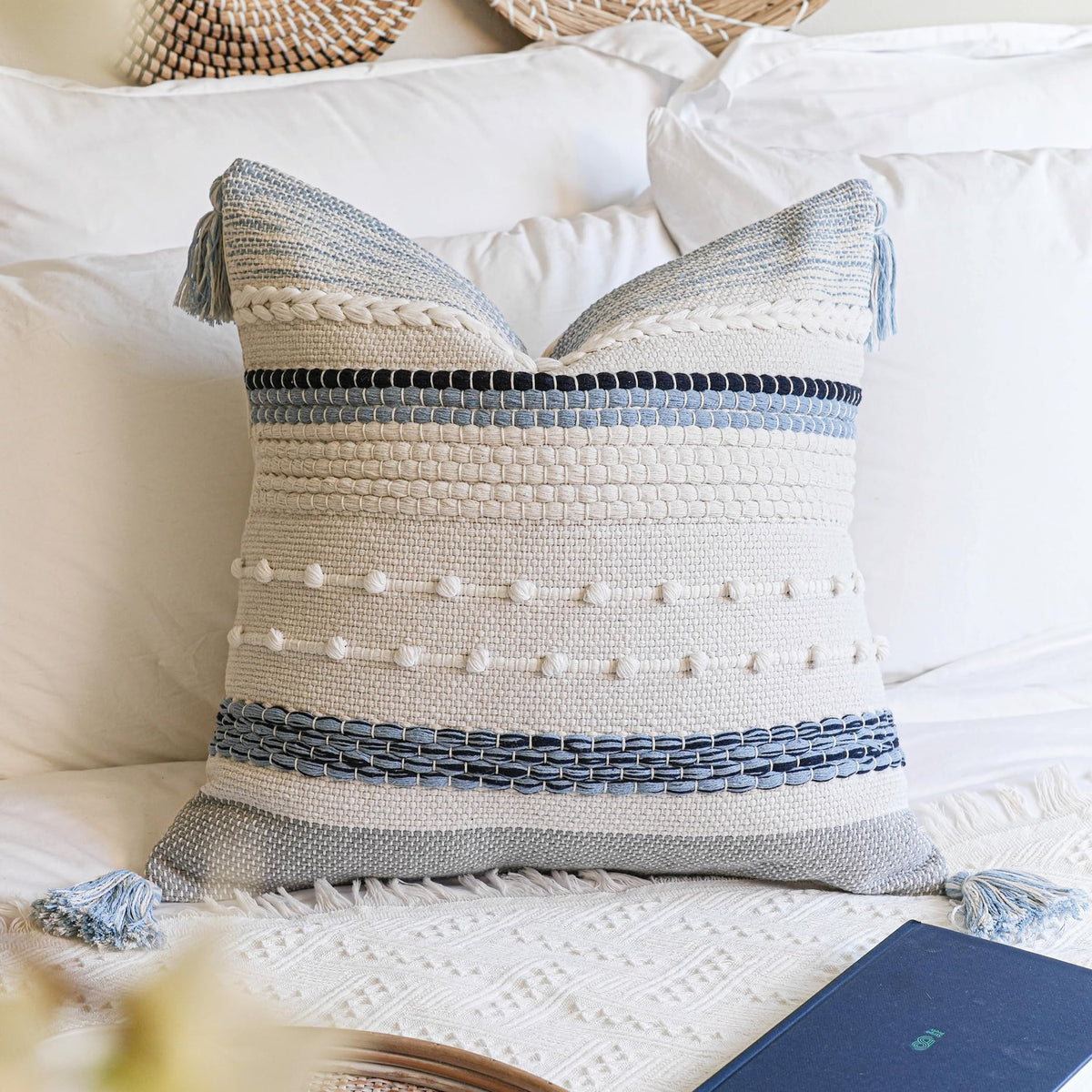 Blissblush Coastal Blue Boho Decorative Throw Pillow Cover 22X22 Modern Bohemian Accent Pillow Case Square Woven Textured Farmho