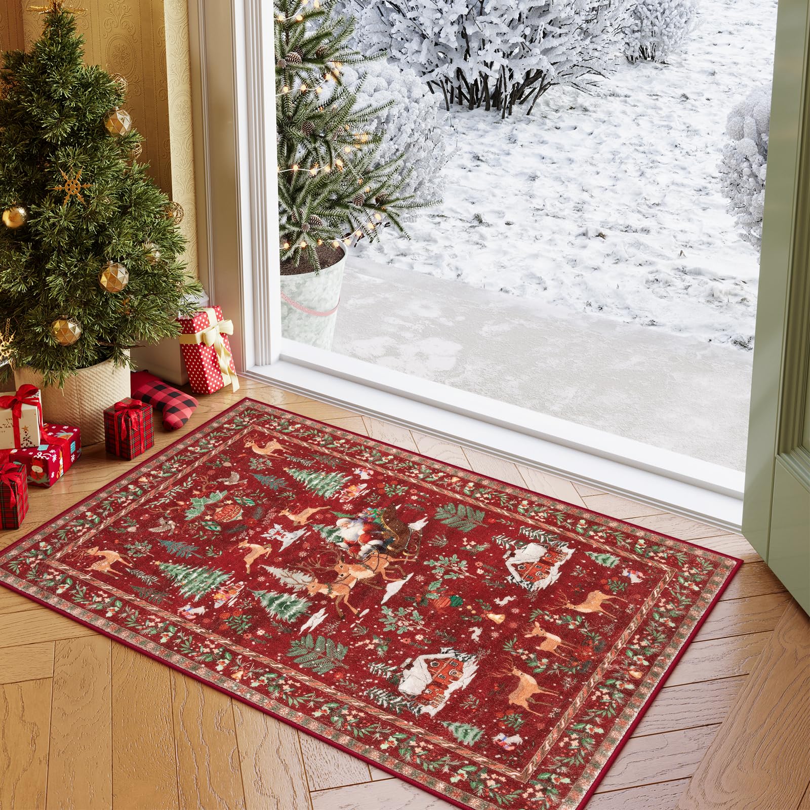 Lahome Indoor Christmas Rug 2x3 Small Kitchen Bathroom Rugs for Entryway,Washable Soft Non-Slip Christmas Tree Santa Claus Area 