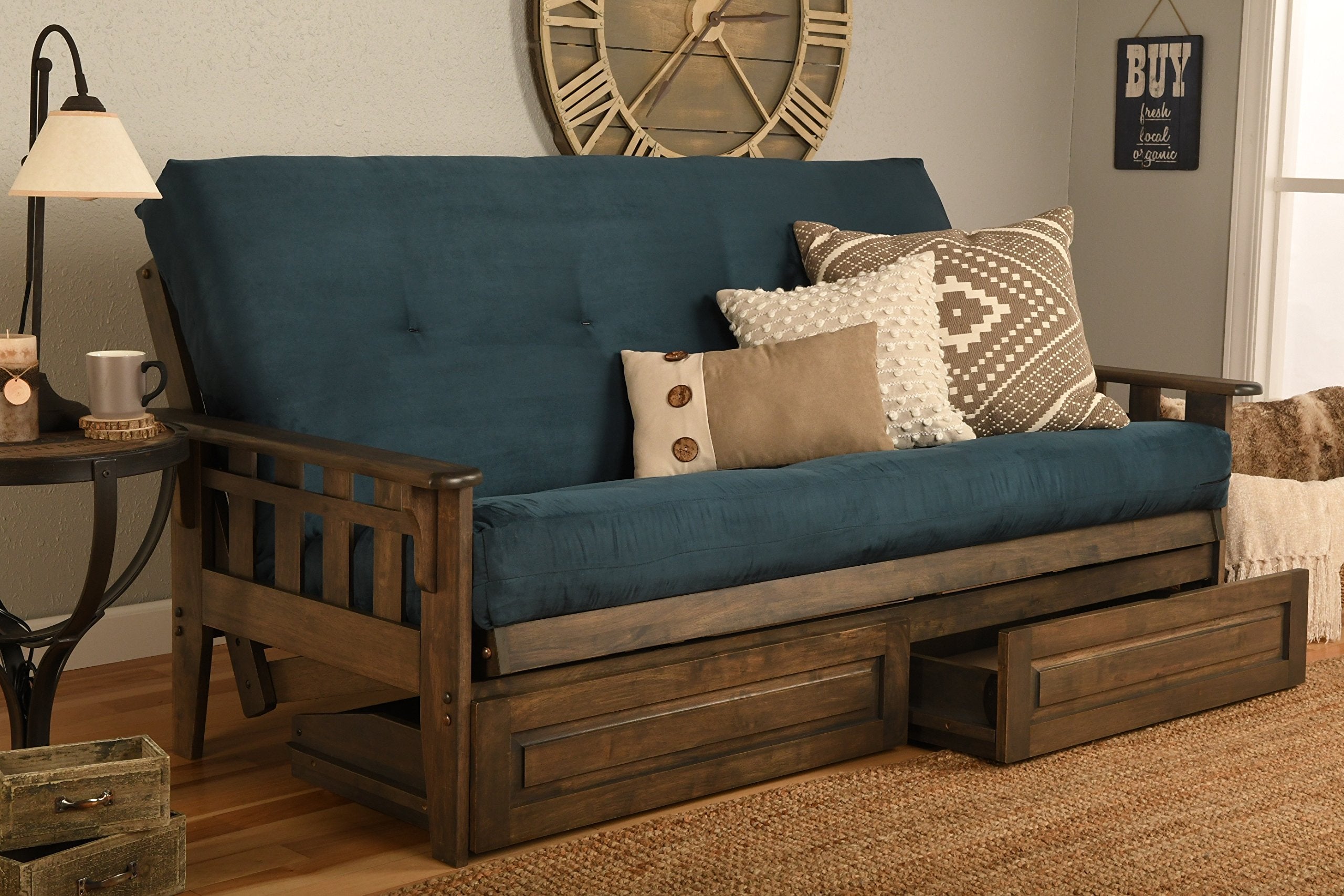 Kodiak Furniture Tucson Full Futon Set in Rustic Walnut Finish with Storage Drawers, Suede Navy