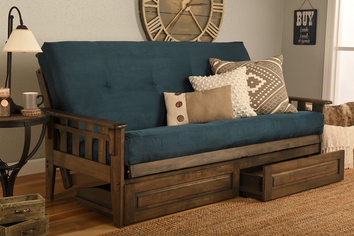 Kodiak Furniture Tucson Full Futon Set in Rustic Walnut Finish with Storage Drawers, Suede Navy