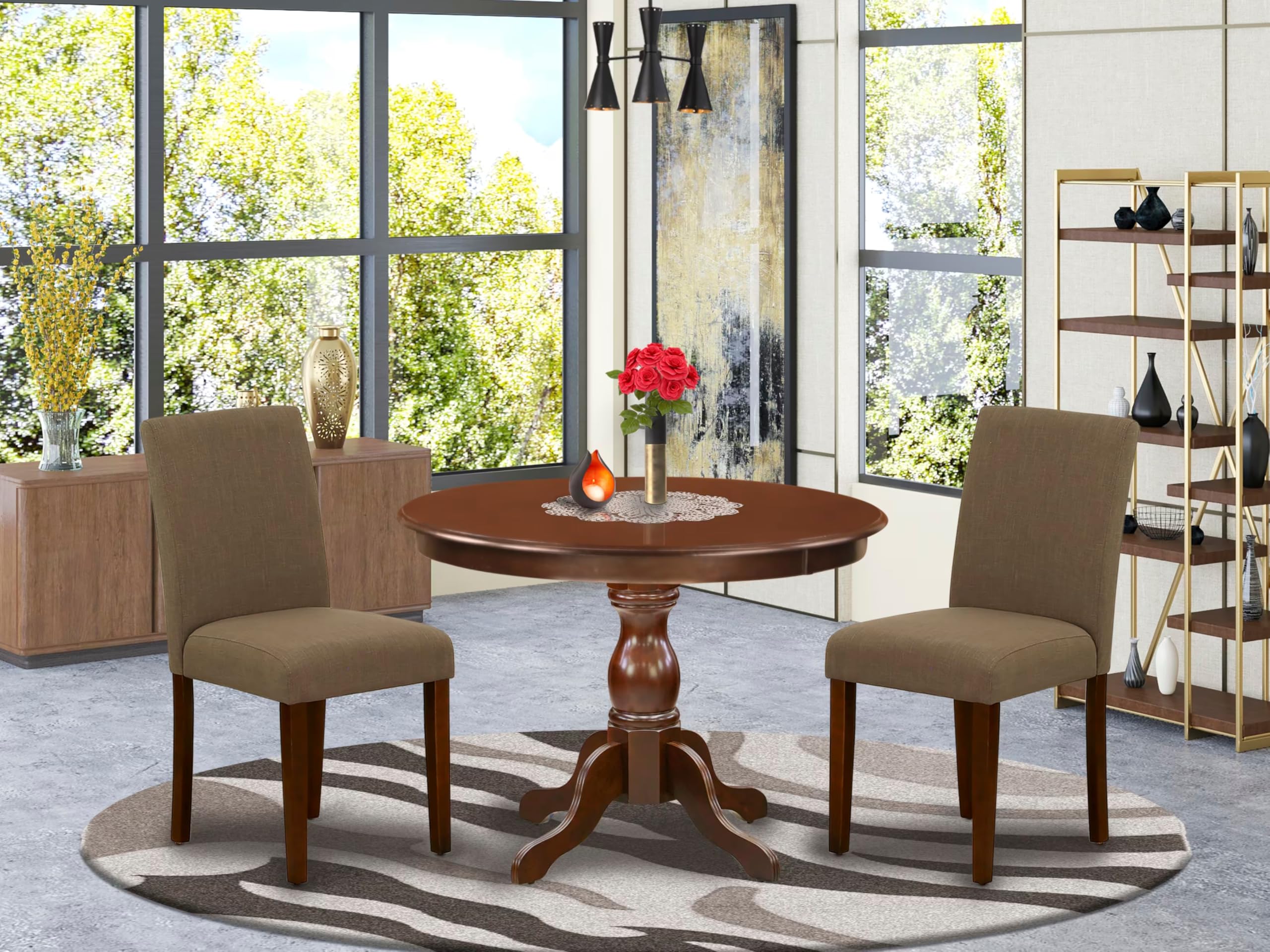 East West Furniture HBAB3-MAH-18 3 Piece Dining Room Table Set Contains a Round Kitchen Table with Pedestal and 2 Coffee Linen Fabric Parson Dining Chairs, 42x42 Inch, Mahogany