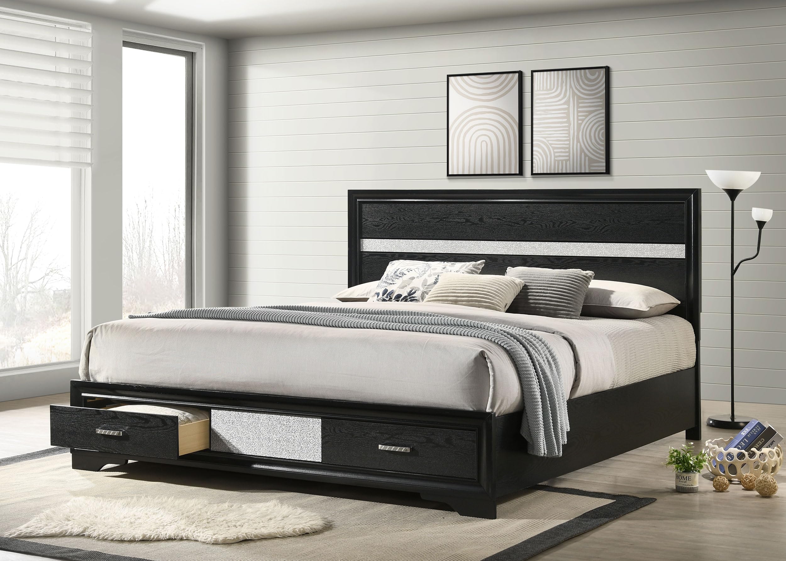 Coaster Home Furnishings Miranda Contemporary Wood California King Size Storage Panel Bed Frame 50-inch Headboard Black 206361KW