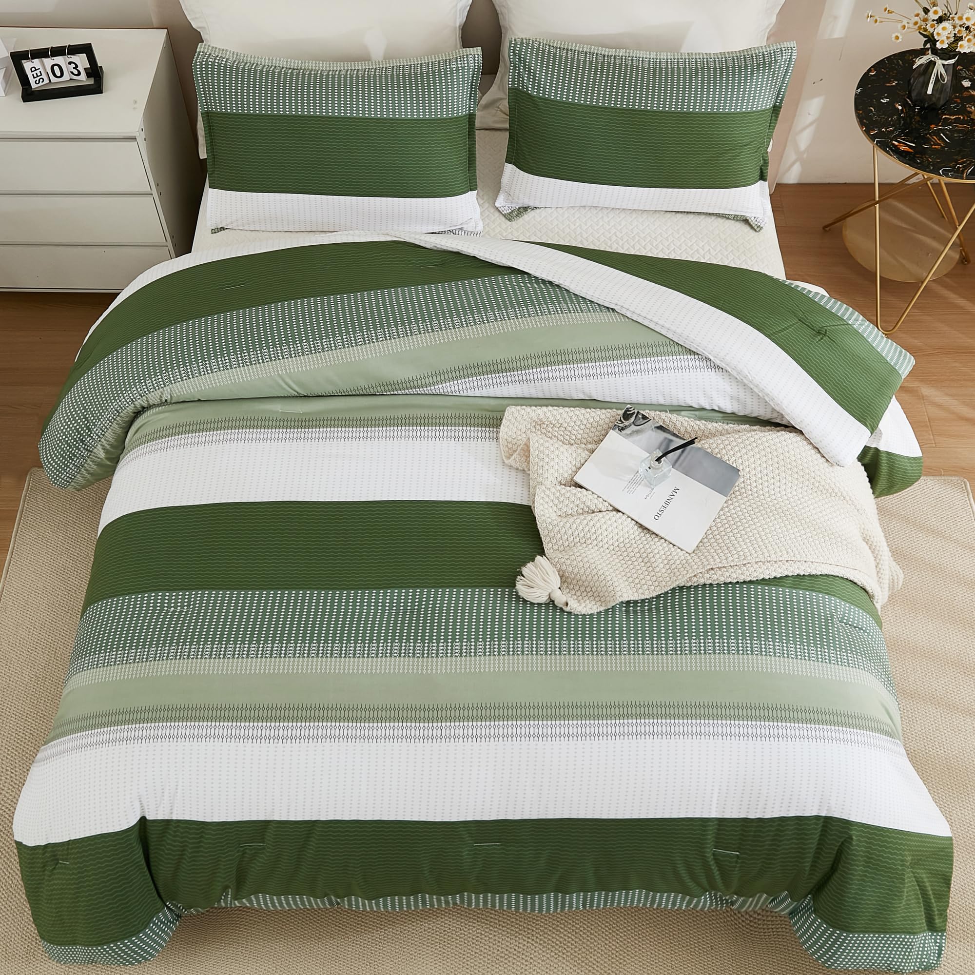 Litanika Olive Green Comforter Set King - 3 Pieces Lightweight Olive Green White Colorblock Stripe Fluffy Bedding Comforter Sets