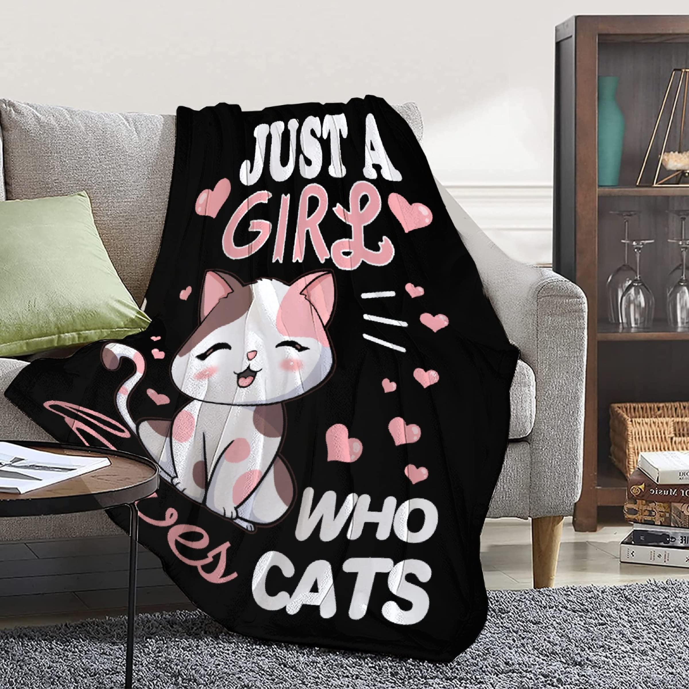 Cat Blanket Plush Gift For Kids Women Comfy Throw-Just A Girl Who Loves Cats-Soft Lightweight Kawaii Kitten Quilt Cozy Sheet Cut