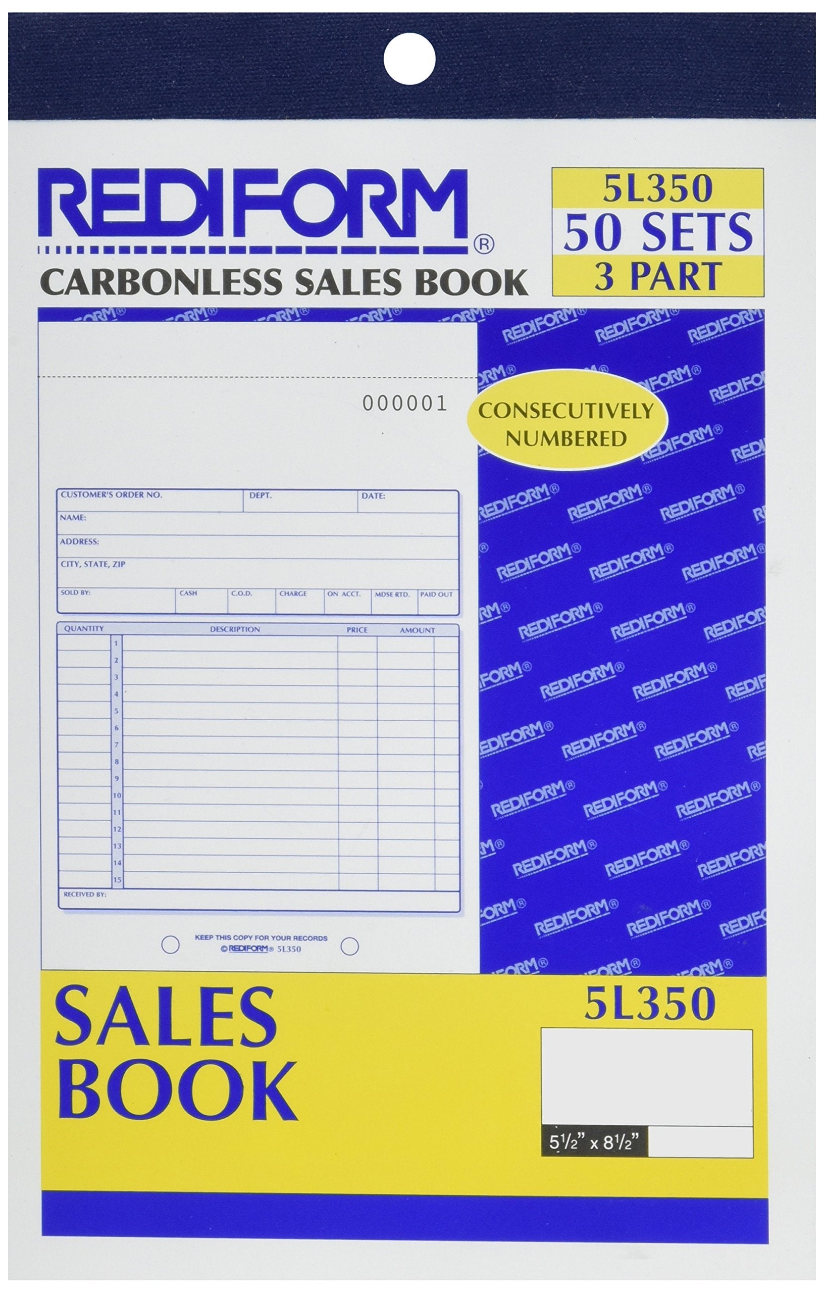 Blueline Rediform Rediform Sales Order Book, 5.5' X 8', 50 Numbered Triplicates (5L350),White/Yellow/Pink