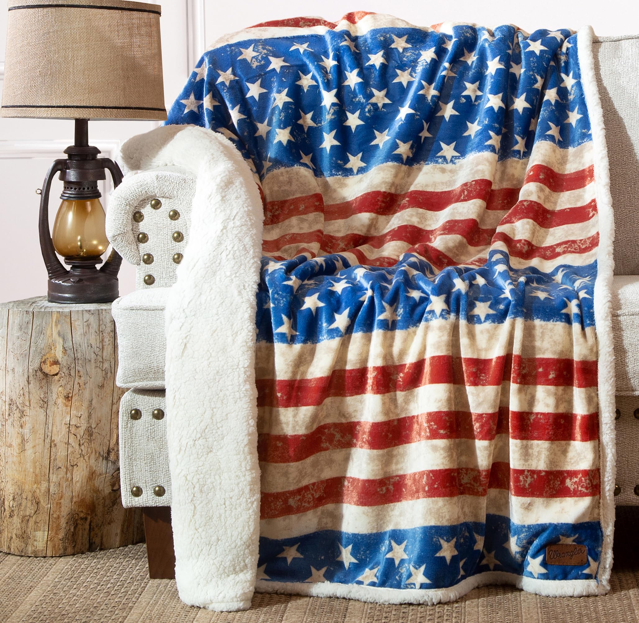 Carstens, Inc. Wrangler Ultra Premium Super Soft Plush Sherpa Fleece Oversized Throw Blanket 54' X 68', Stars & Stripes