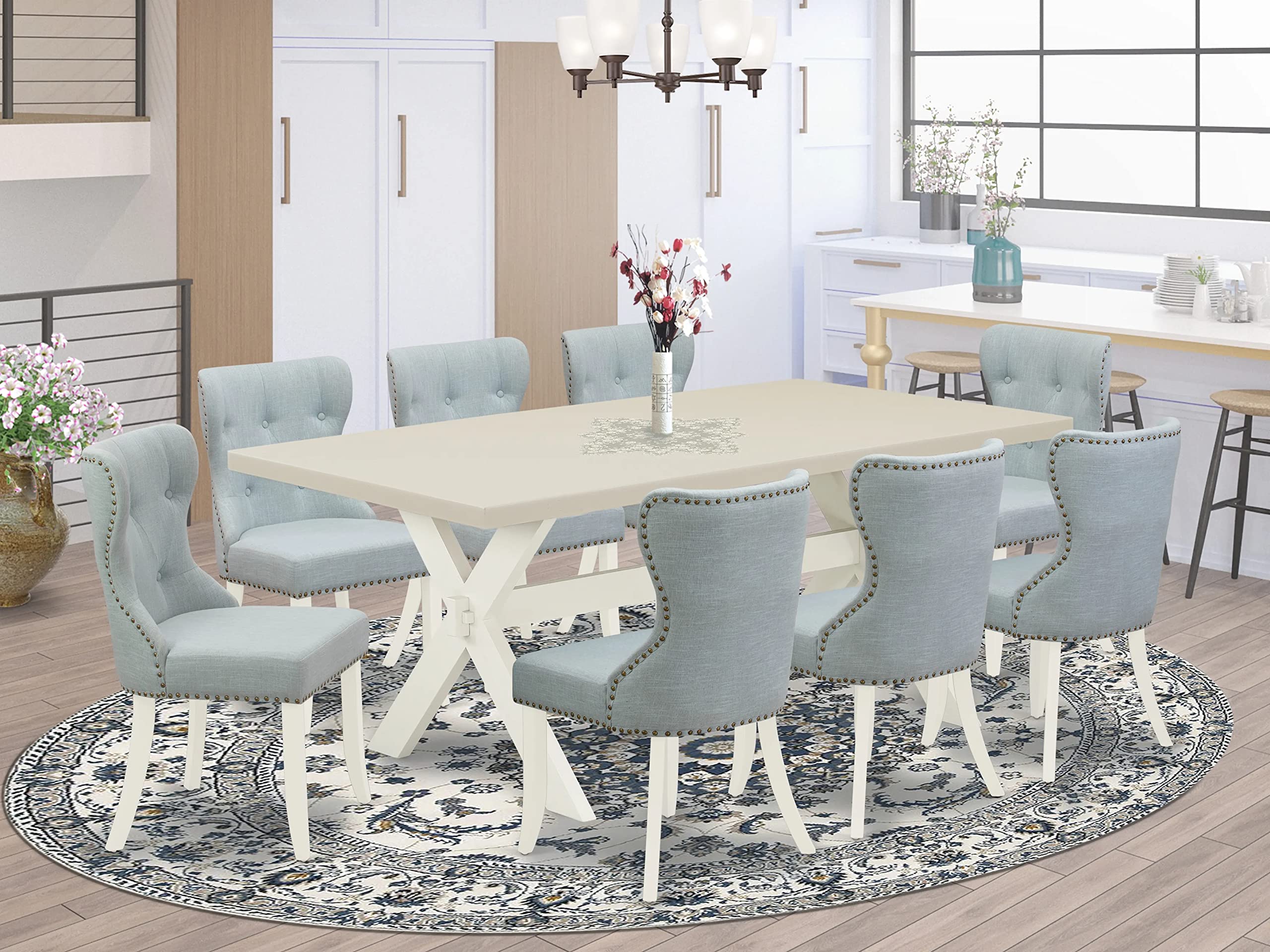 East West Furniture X-Style 9 Piece Set Includes A Rectangle Dining Room Table With X-Legs And 8 Baby Blue Linen Fabric Upholstered Chairs, 40X72 Inch, X027Si215-9
