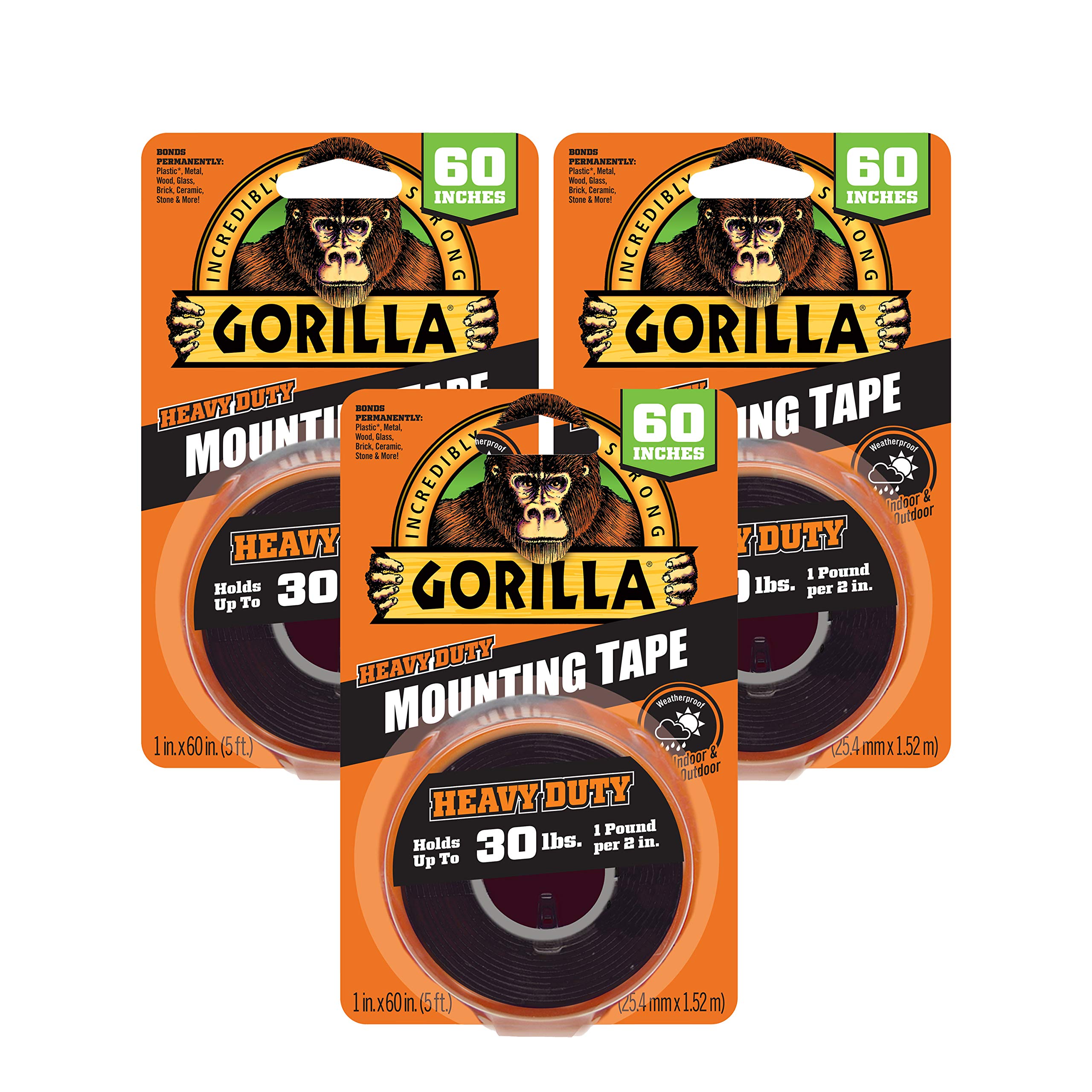 Gorilla - Heavy Duty Double Sided Mounting Tape, Weatherproof, 1' X 60', Black, (Pack Of 3)