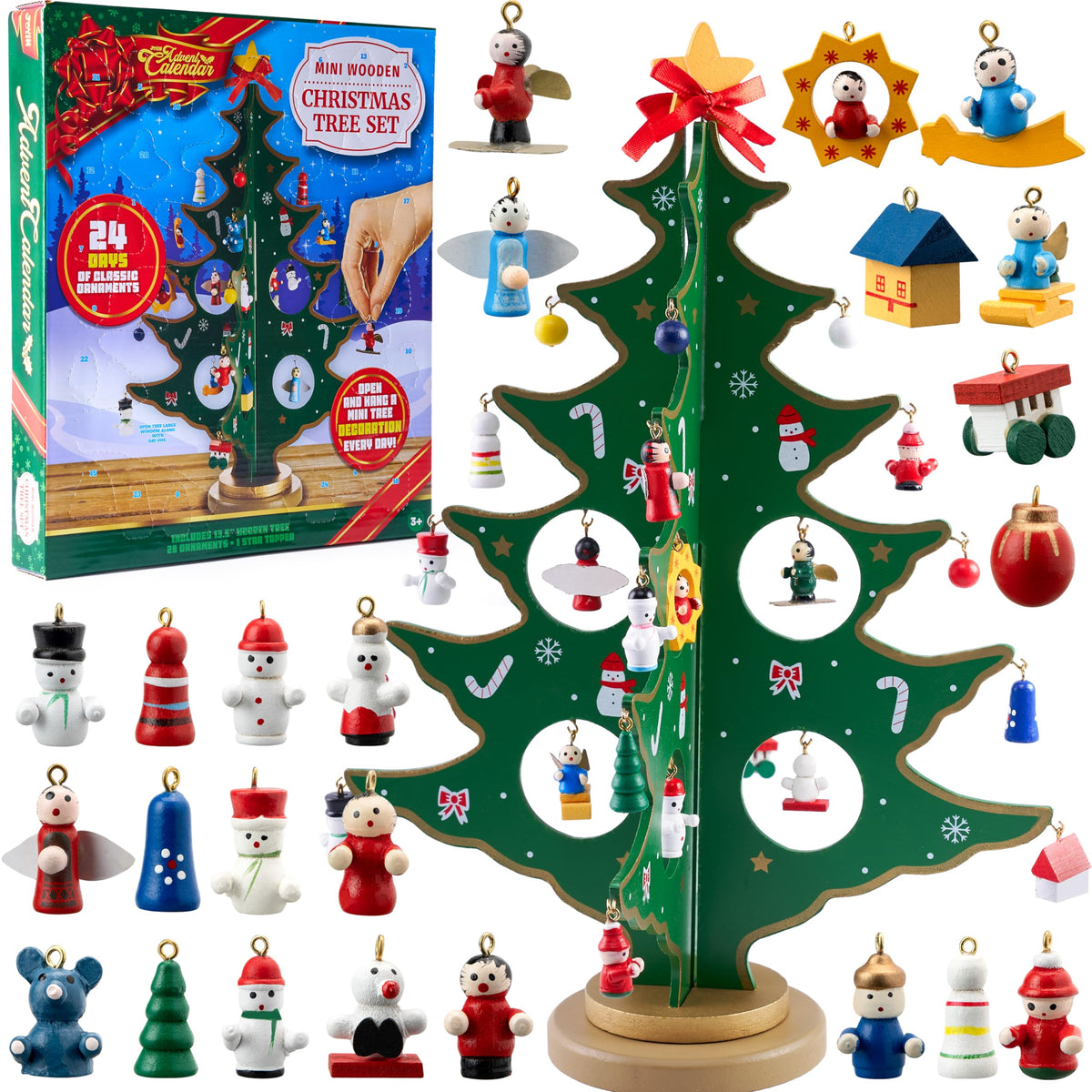 JOYIN Christmas 24 Days Countdown Advent Calendar with a Tabletop Wooden Christmas Tree and 28 Ornaments Snowman Santa Decoratio