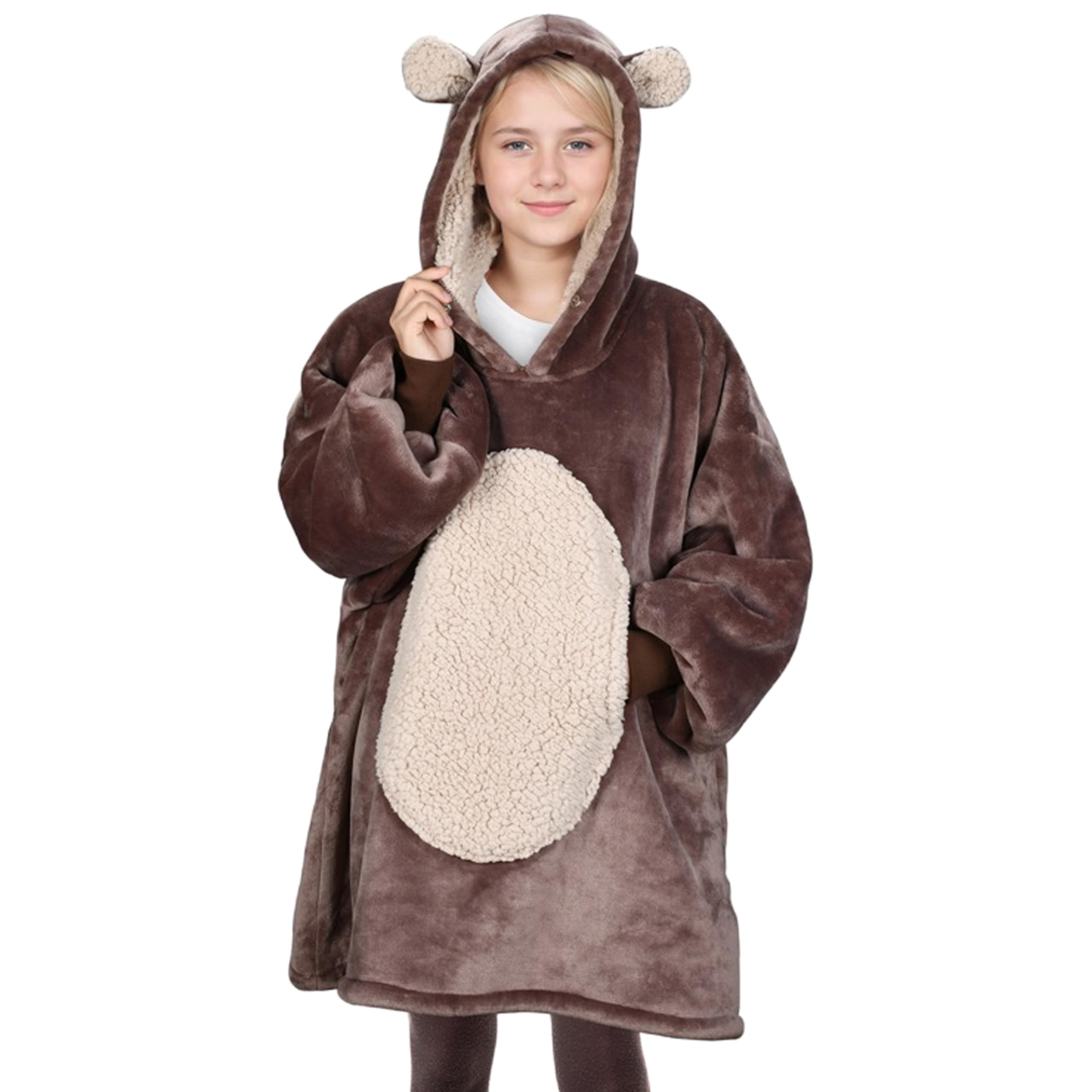 Solaris Bear Wearable Blanket Hoodie For Kids - Warm Soft Gift, Oversized Cozy Sherpa Fleece Sweatshirt Pullover For Teens, Girl