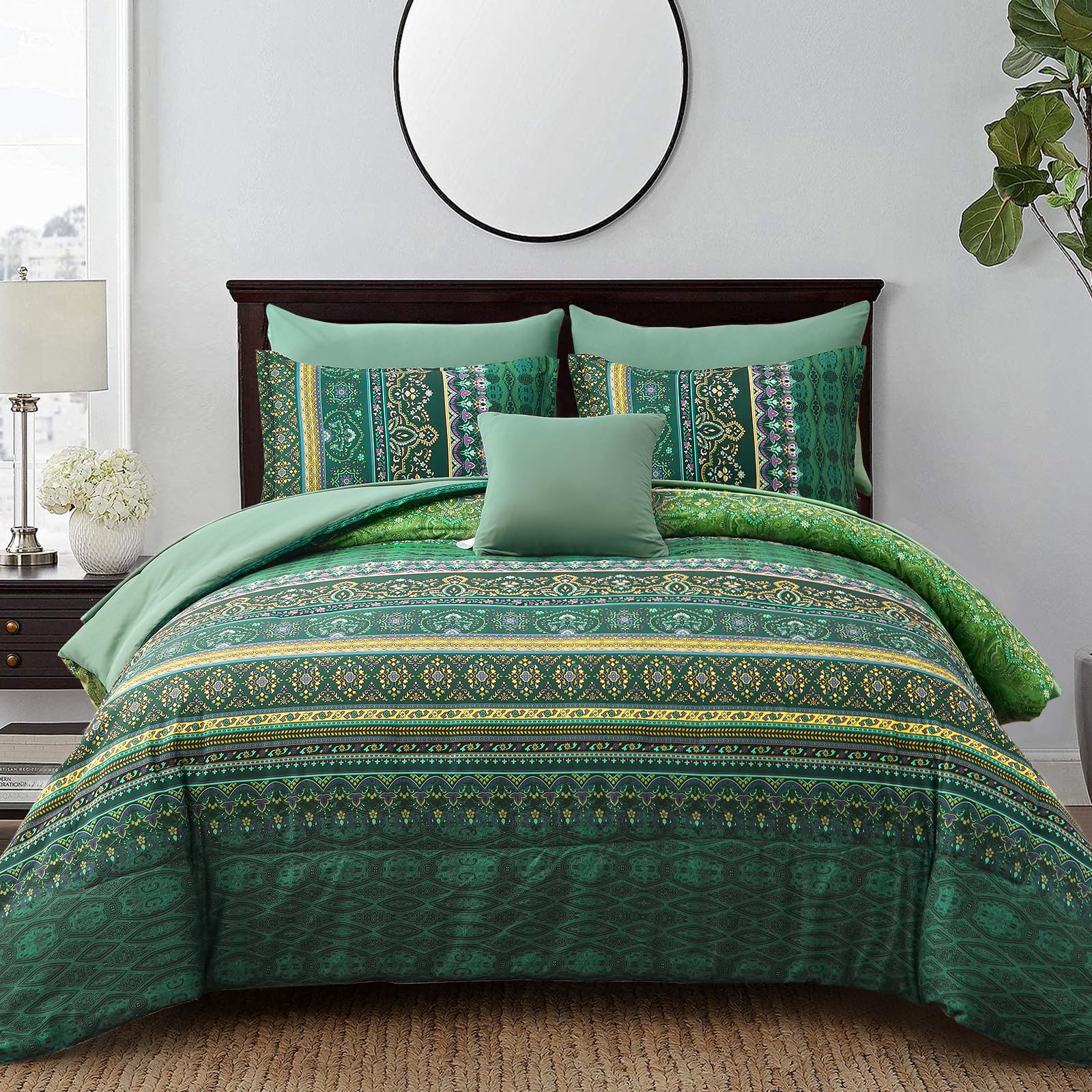 Boho Green Comforter Set Queen Size,8 Piece Bed In A Bag Bohemian Striped Bedding Quilt Set,Dark Green Paisley Floral Comforter
