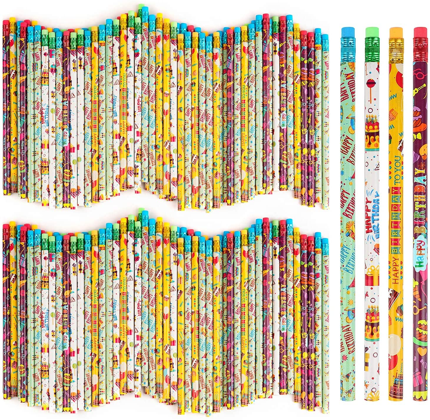 Kolewo4Ever 100 Pieces Happy Birthday Pencils Colorful Printed Birthday Pencils With Top Erasers Perfect For Teachers Classrooms