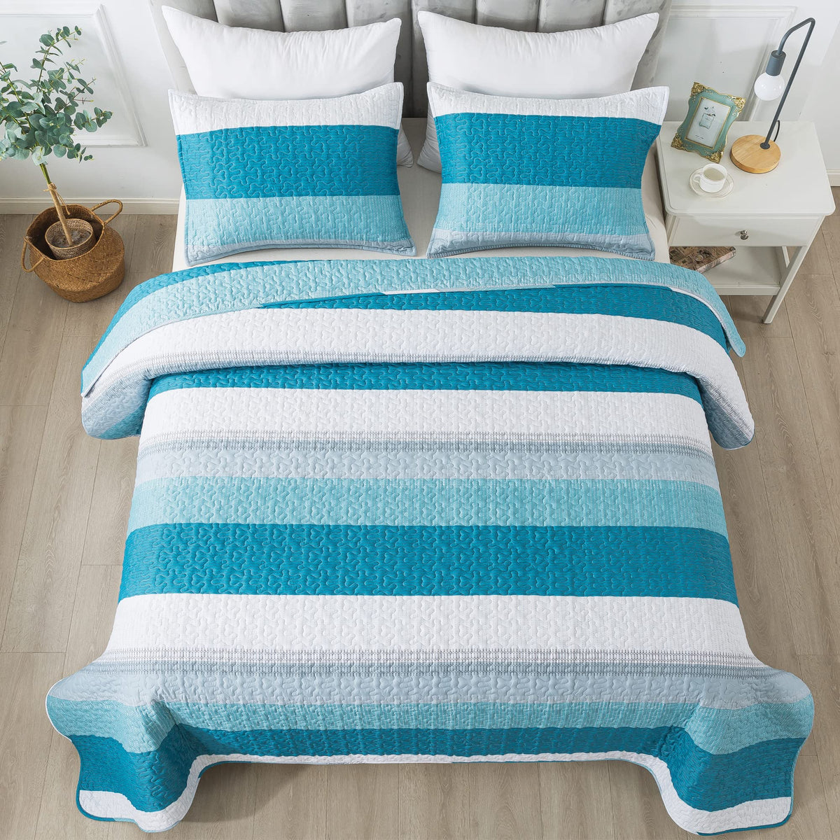 Andency Teal And White Striped Quilt King(106X96Inch), 3 Pieces (1 Quilt And 2 Pillowcases) Patchwork Bedspread Coverlet Set, So