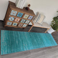 AMIDA 9ft Hall Rugs Runners Non Slip Abstract Teal Runner Rug with Rubber Backing Washable Contemporary Sea Blue Stripe 2.3x8.9