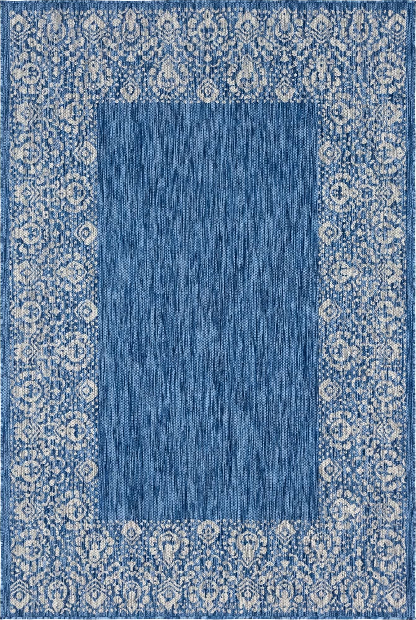 Unique Loom Outdoor Border Collection Area Rug - Floral Border (6' 1' X 9' Rectangle, Blue/ Ivory)