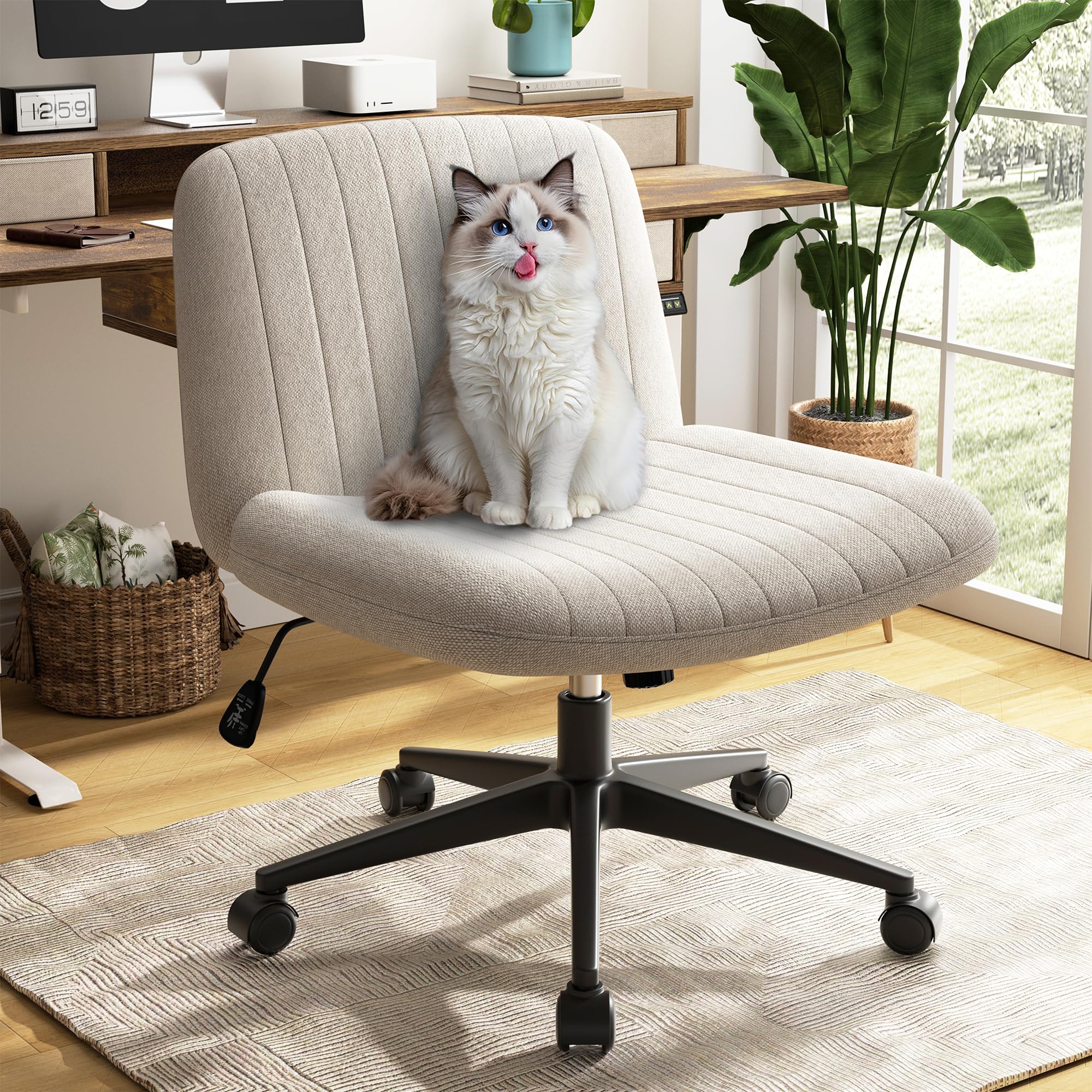 Sunlei Cross Legged Office Chair With Wheels, Armless Wide Chair'S For Vanity Desk, Criss Cross Comfy Chairs With Back, Desk Cha