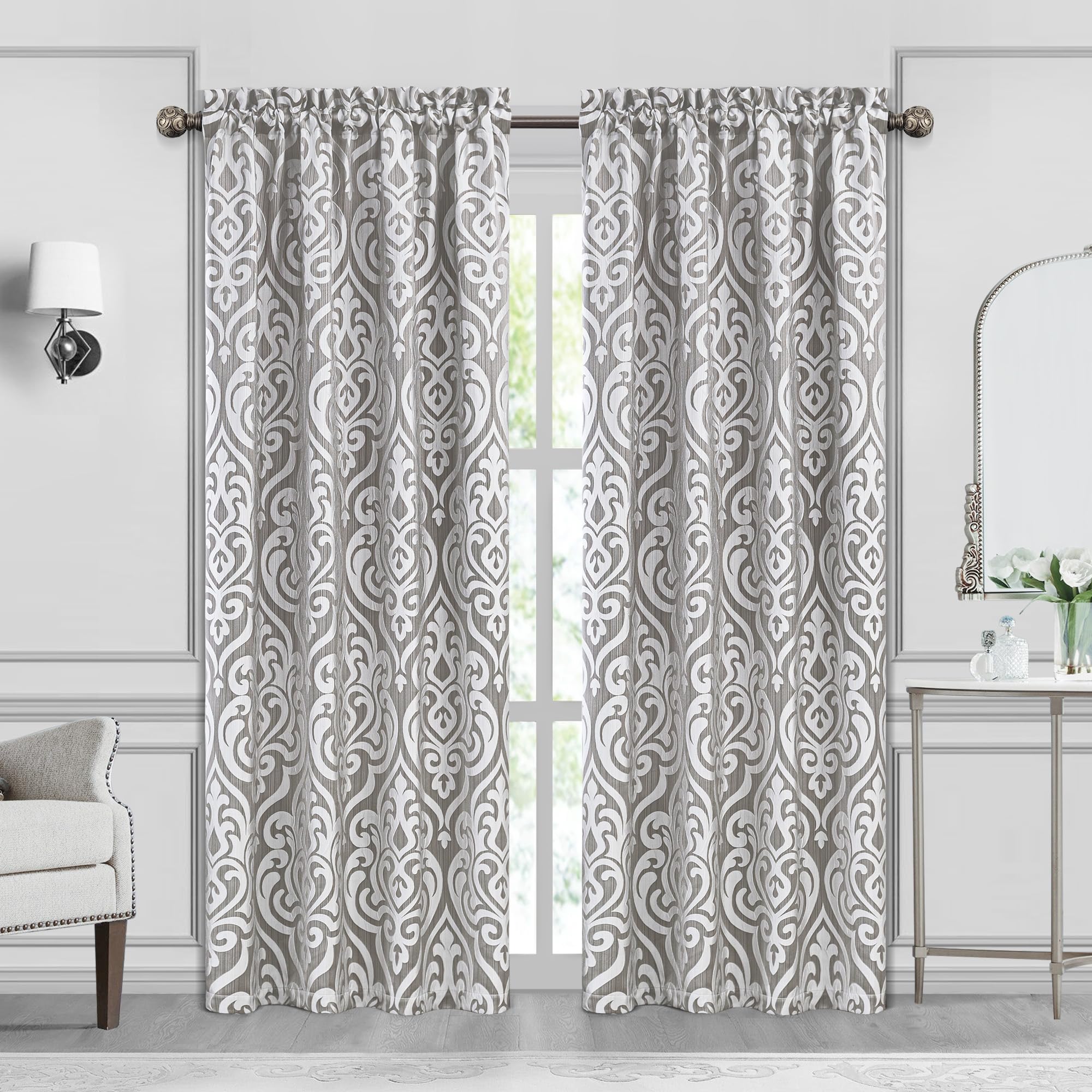 Loom And Mill Contemporary Damask Curtains For Bedroom, Luxury Lined Darkening Jacquard Curtains 2 Panels With Tiebacks, Window