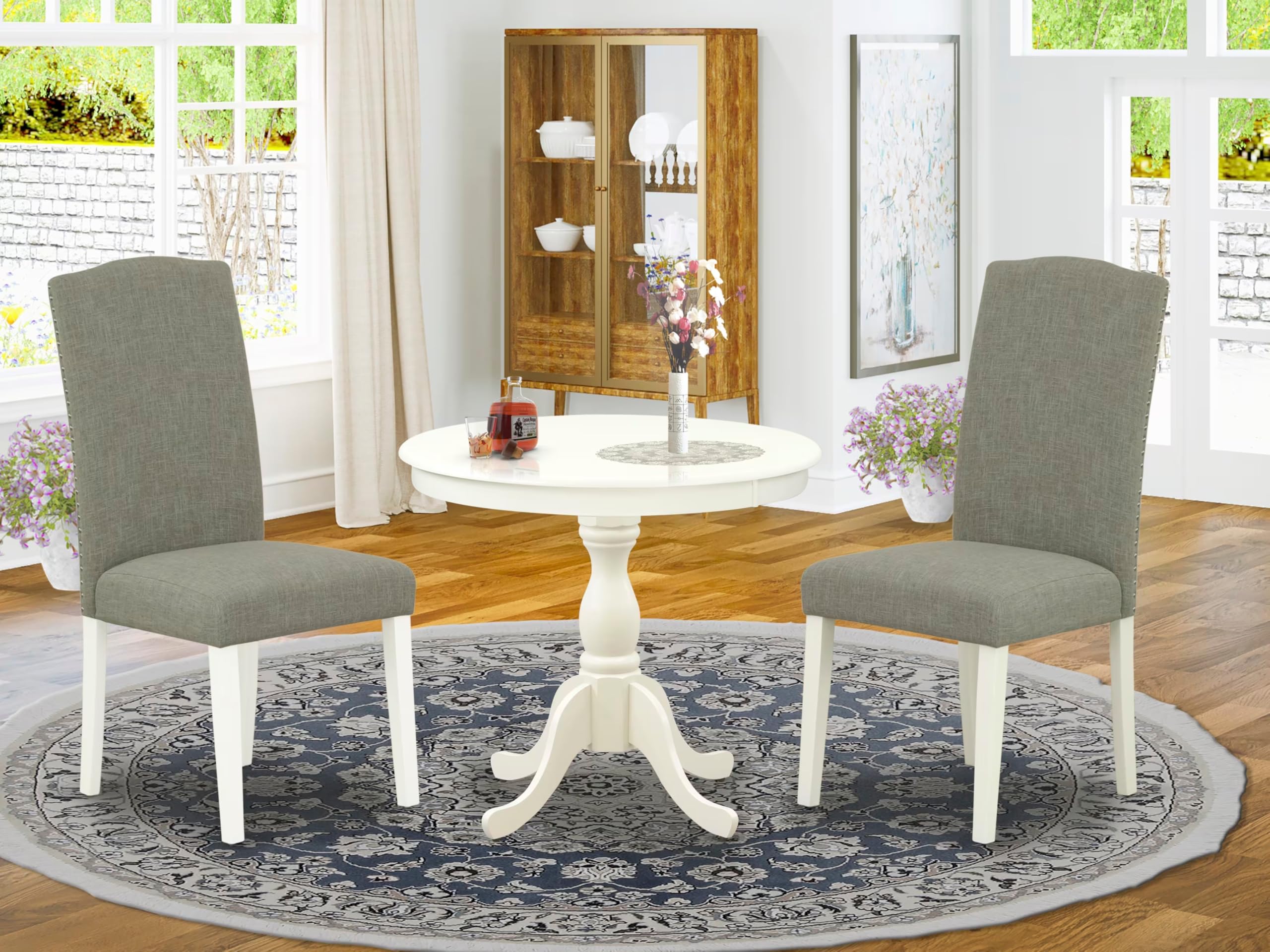 East West Furniture AMEN3-LWH-06 3 Piece Dining Set Contains a Round Kitchen Table with Pedestal and 2 Dark Shitake Linen Fabric Parsons Dining Chairs, 36x36 Inch, Linen White