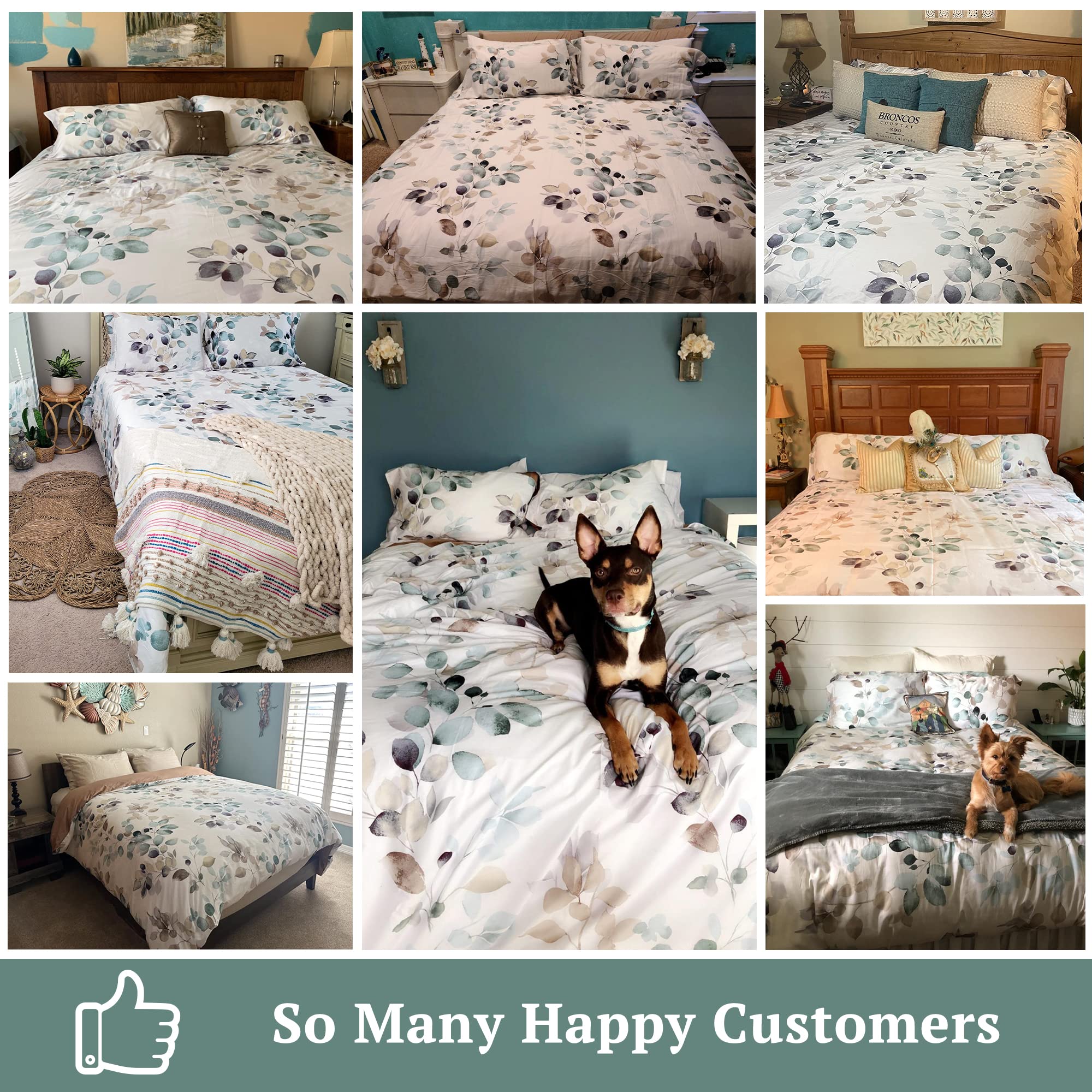 Mildly 100% Long-Staple Cotton Duvet Cover Set Teal Blue Green Leaf Pattern Printed Comforter Cover 3Pcs, Ultra Soft & Breathabl