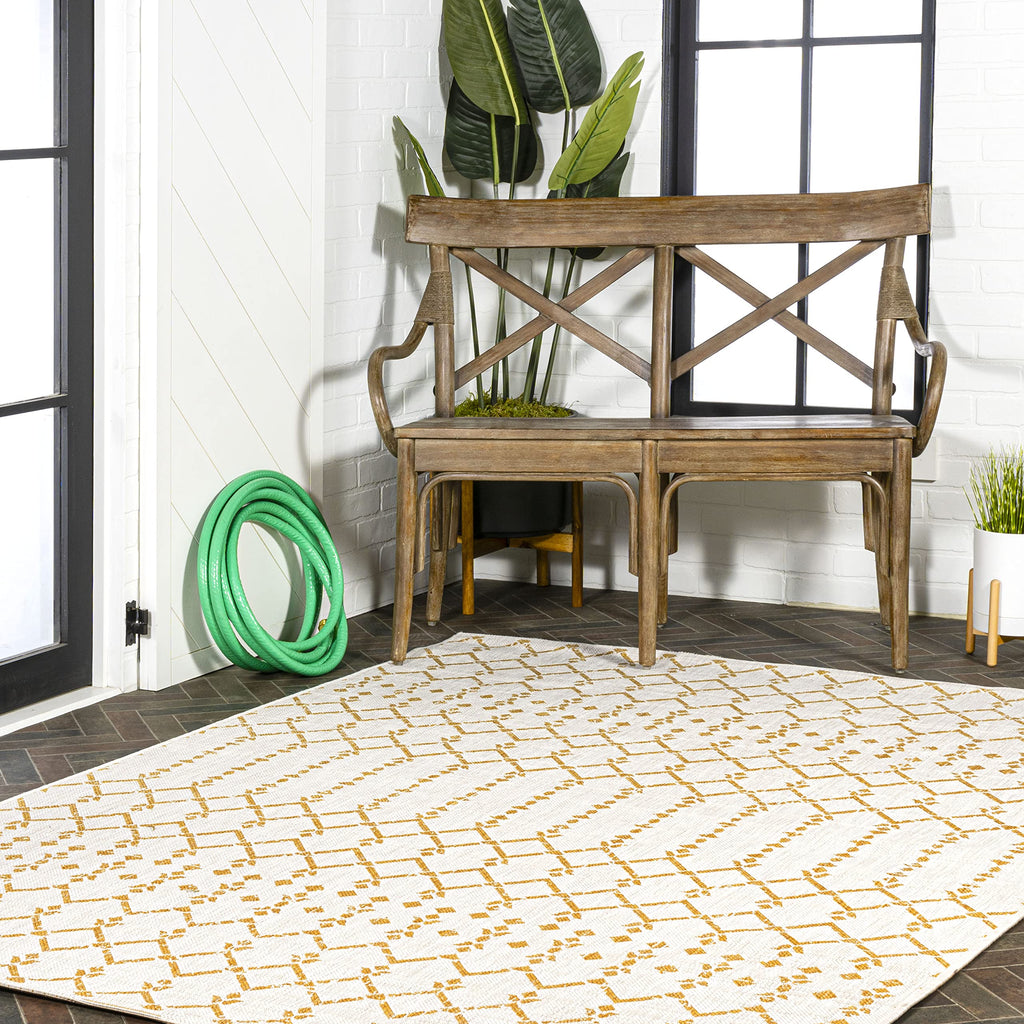 Jonathan Y Smb108J-8 Ourika Moroccan Geometric Textured Weave Indoor Outdoor Area-Rug, Coastal,Traditional,Transitional Easy Clean,Bedroom,Kitchen,Backyard,Patio, Non-Shed, Cream/Yellow, 8 X 10