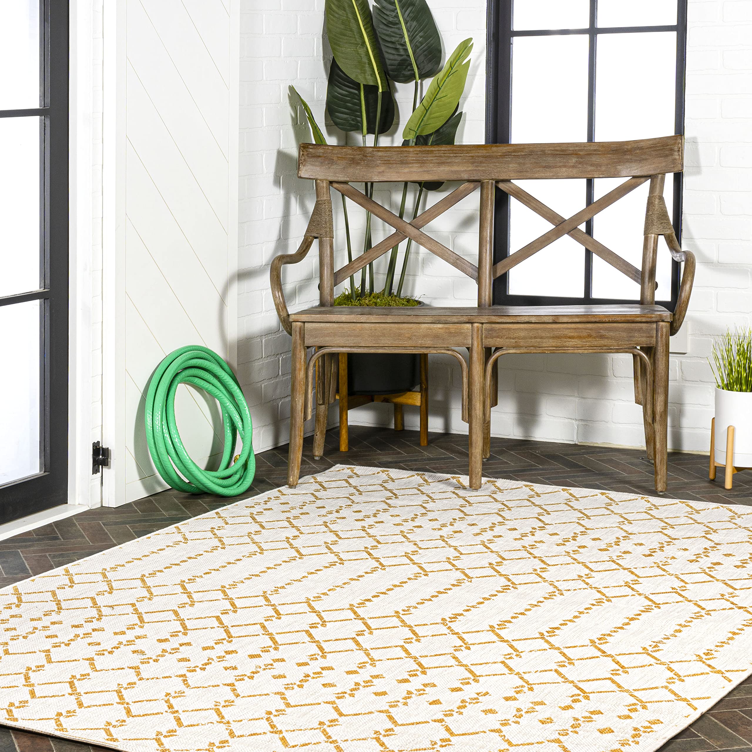 Jonathan Y Smb108J-8 Ourika Moroccan Geometric Textured Weave Indoor Outdoor Area-Rug, Coastal,Traditional,Transitional Easy Clean,Bedroom,Kitchen,Backyard,Patio, Non-Shed, Cream/Yellow, 8 X 10