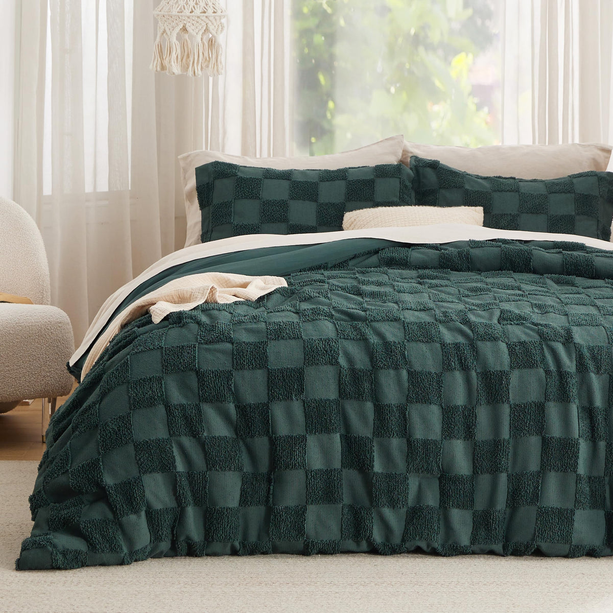 Bedsure King Size Comforter Set Emerald, Boho Tufted Bedding Comforter Set, Checkered Farmhouse Shabby Chic Bed Set, 3 Pieces, 1