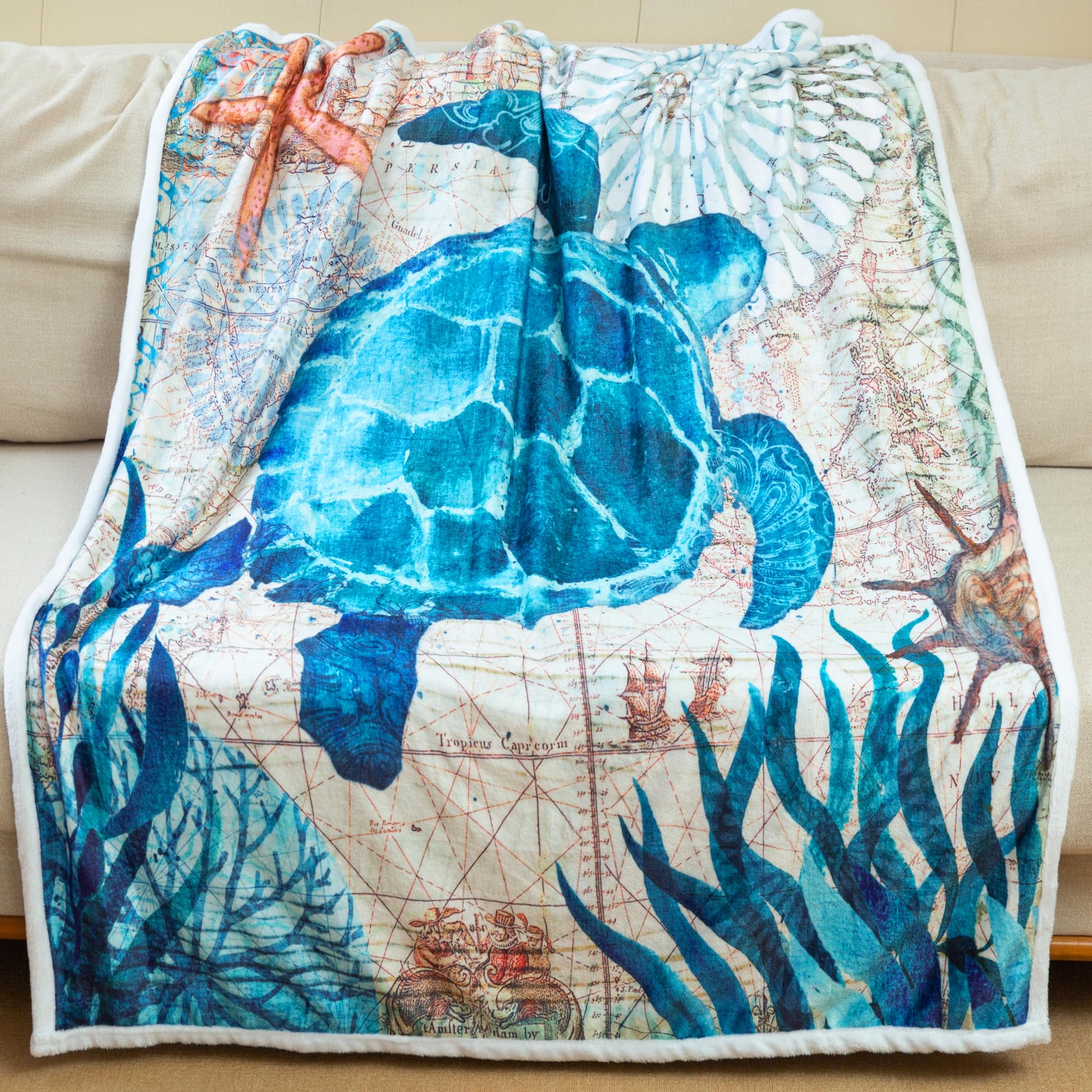 Sviuse Sea Turtle Blanket Twin Blue Turtle Throw Blanket For Women, Men And Kids Nautical Chart Giant Sea Turtle Gifts For Turtl