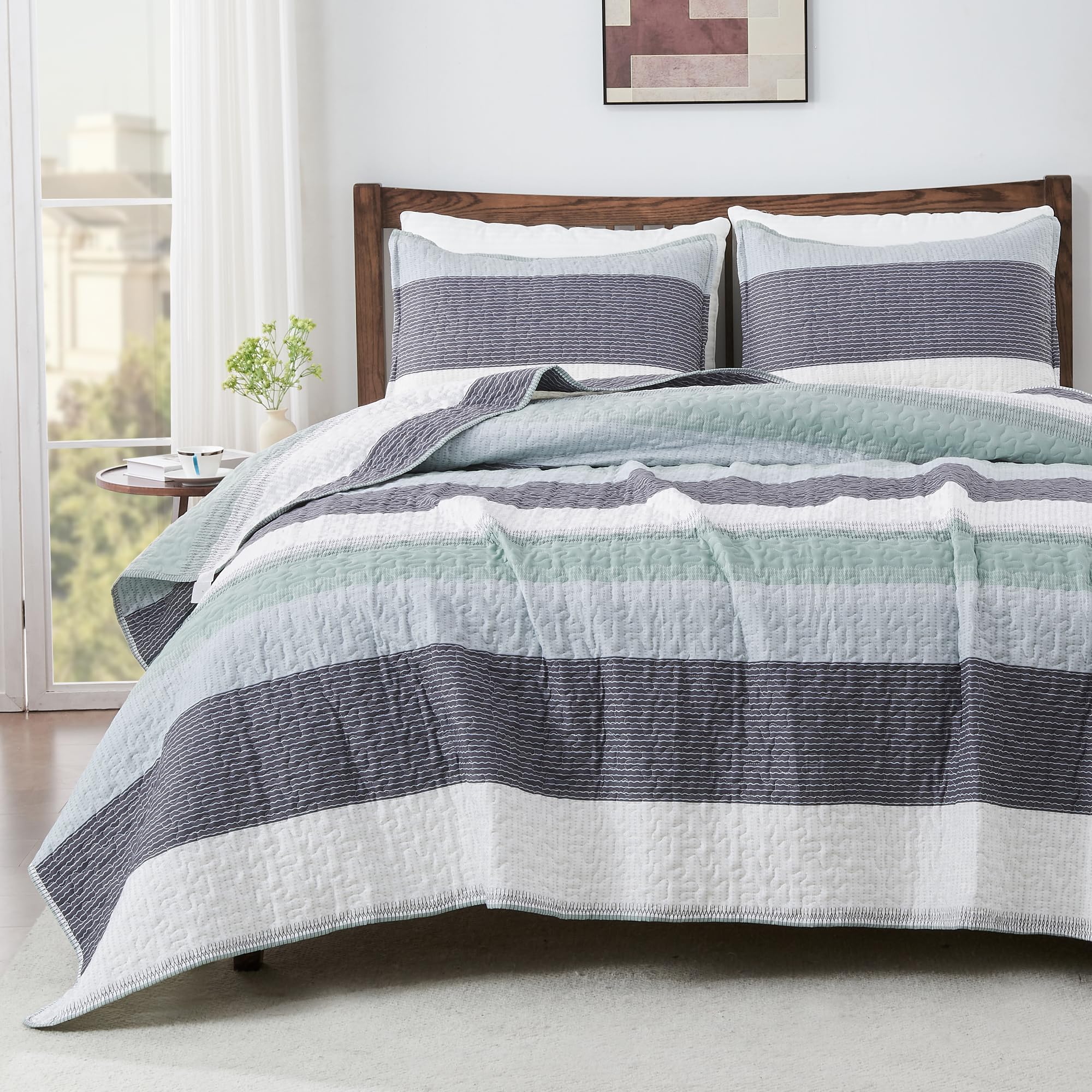 Andency Mint Green Striped Oversized King Quilt Set, 3 Pieces (1 Quilt And 2 Pillowcases) Patchwork Bedspread Coverlet Set, Soft Lightweight Quilted Bedding Set(128X120Inch