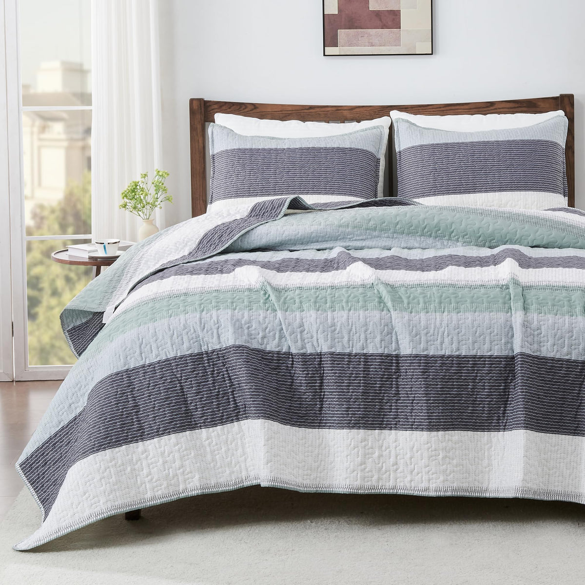 Andency Mint Green Striped Oversized King Quilt Set, 3 Pieces (1 Quilt And 2 Pillowcases) Patchwork Bedspread Coverlet Set, Soft Lightweight Quilted Bedding Set(Super King-120X120Inch