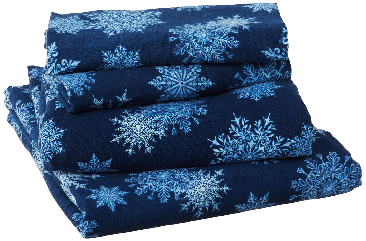 Pointehaven Flannel Deep Pocket Set With Oversized Flat Sheet, Queen, Snow Flakes Navy