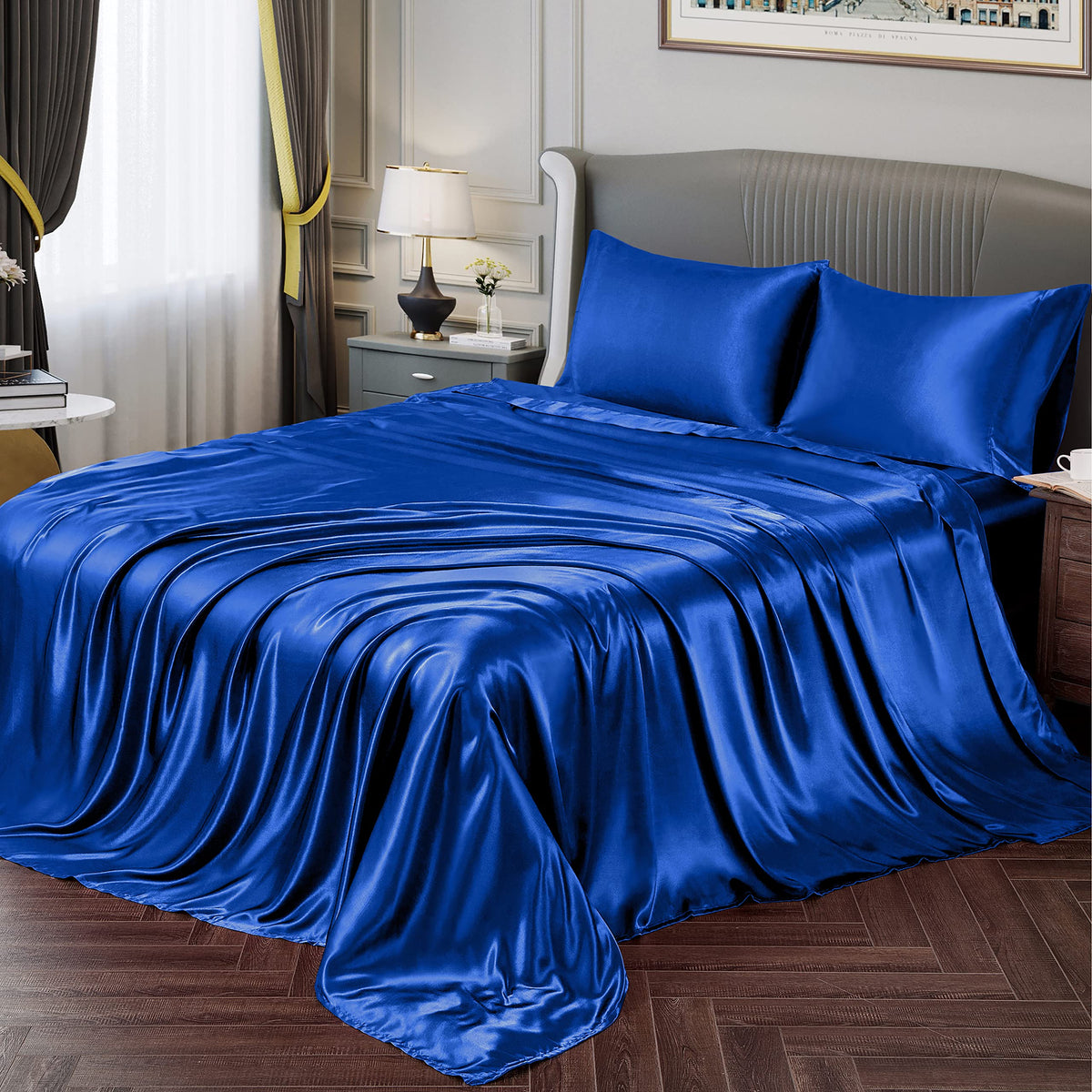 Vonty Satin Sheets King Silky Soft Satin Bed Sheets Royal Blue Satin Sheet Set, 1 Deep Pocket Fitted Sheet + 1 Flat Sheet + 2 Pi