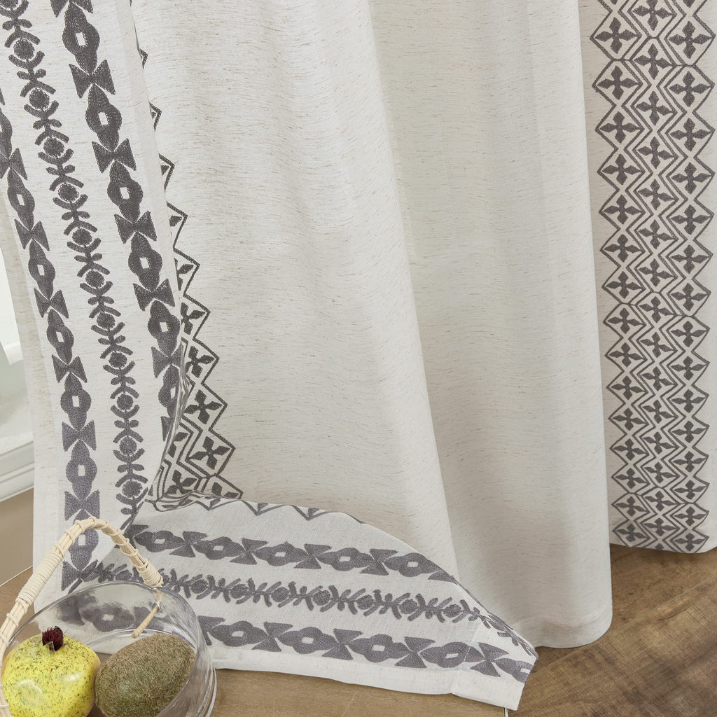 Seekright Grey Boho Curtains 72 Inch Length For Living Room Grommet Semi Sheer Linen Curtains Striped Embroidered Window Curtain