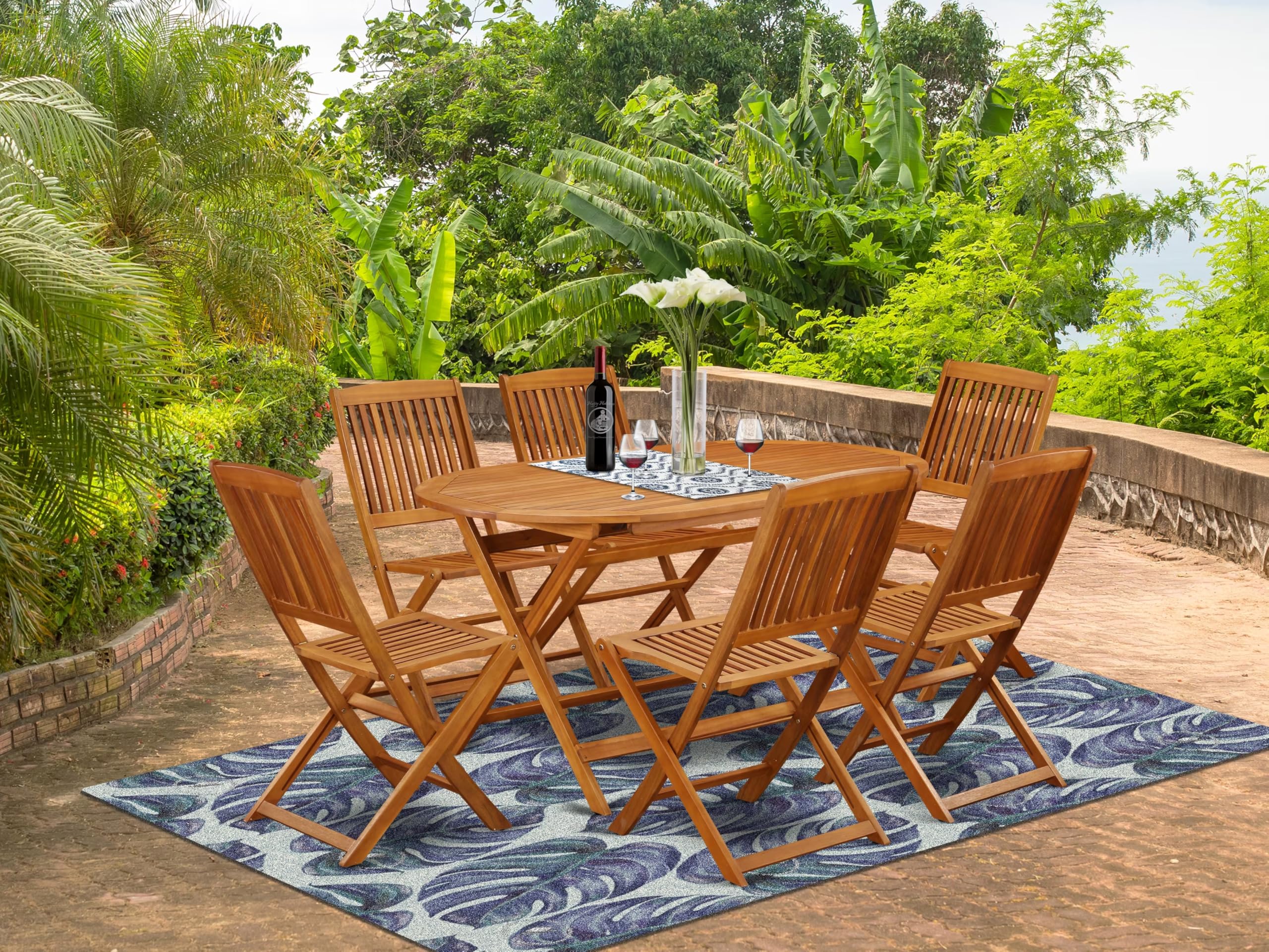 East West Furniture DICM7CWNA Diboll 7 Piece Patio Dining Set Consist of an Oval Outdoor Acacia Wood Table and 6 Folding Side Chairs, 36x60 Inch, Natural Oil