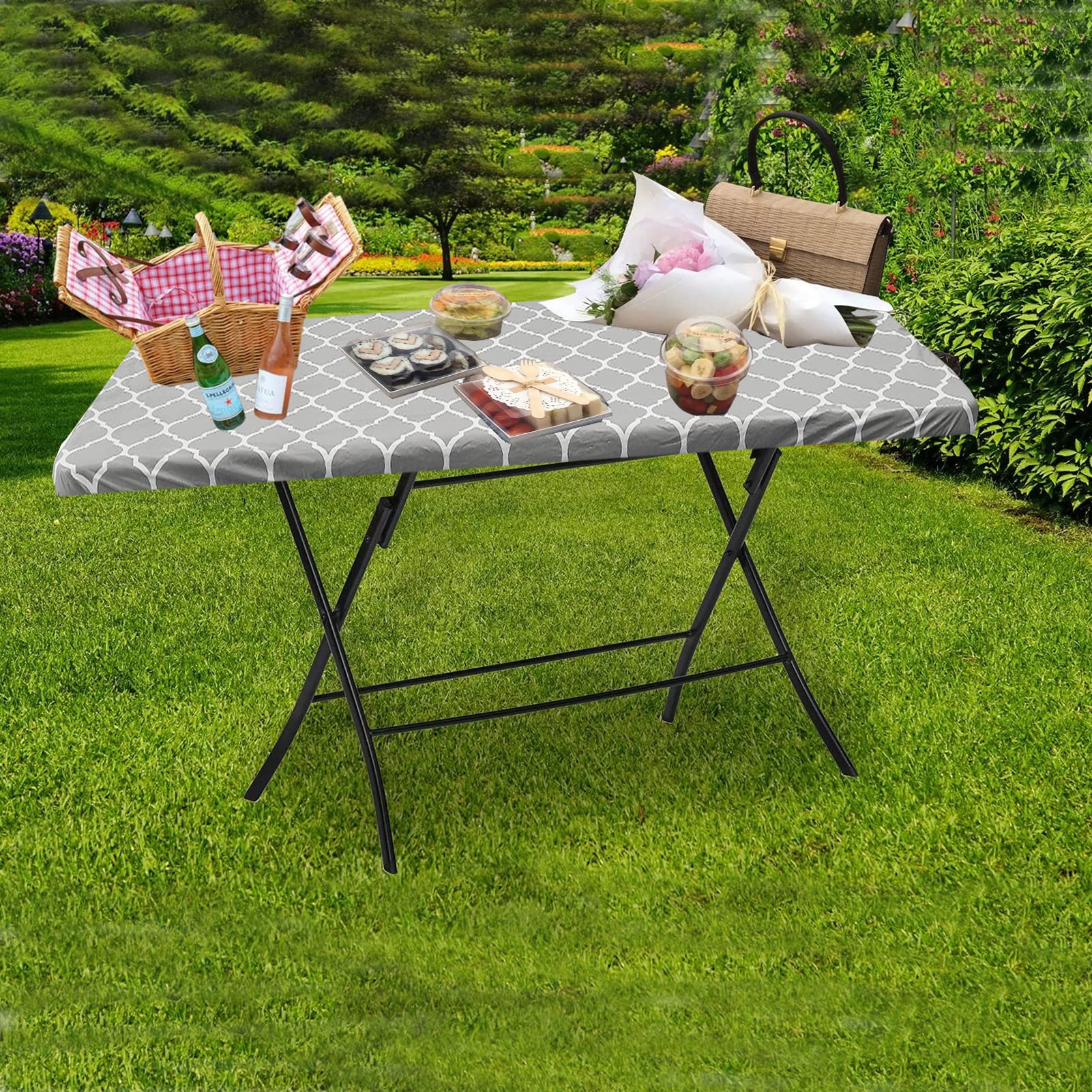 Vinyl Fitted Tablecloth For 6 Ft Rectangle Table, Gray Moroccan Design, Waterproof Elastic Table Cover With Flannel Backed Lining, Fits 30'X72' Folding Table, For Outdoor Picnics/Travel/Holiday/Party