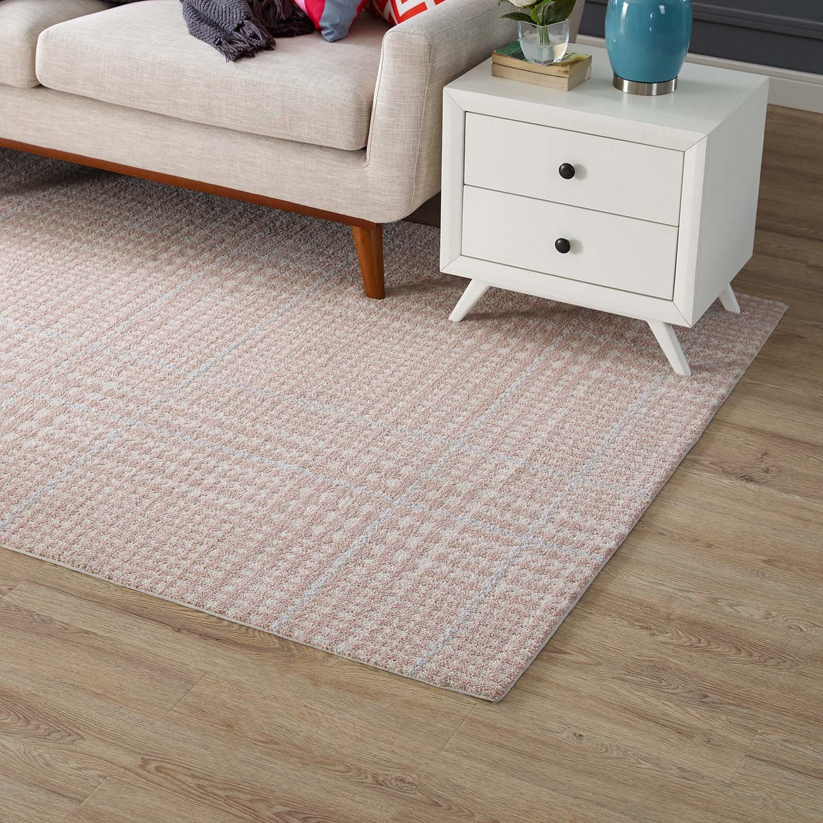 Modway Kaja Abstract Plaid 5X8 Area Rug In Ivory, Cameo Rose And Light Blue