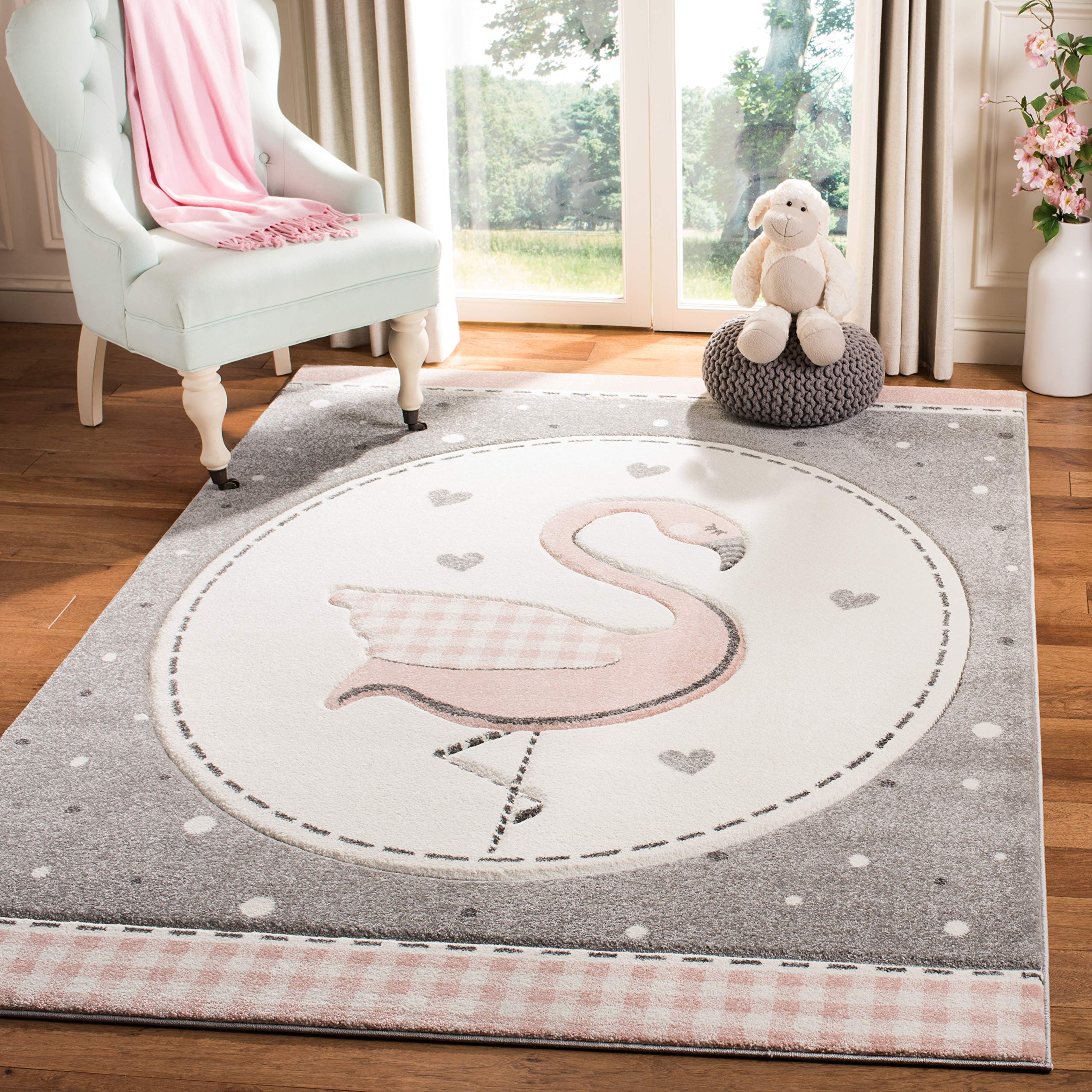SAFAVIEH Carousel Kids Collection 53 Square Pink / Ivory CRK154P Flamingo Nursery Playroom Area Rug