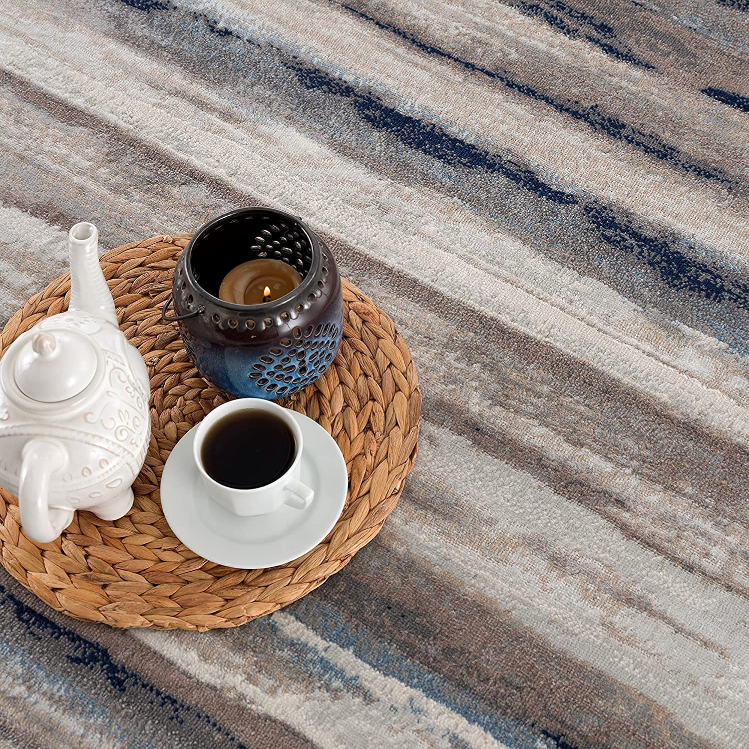 HomeRoots 100% Polypropylene 2’ x 10’ Blue and Beige Distressed Stripes Runner Rug